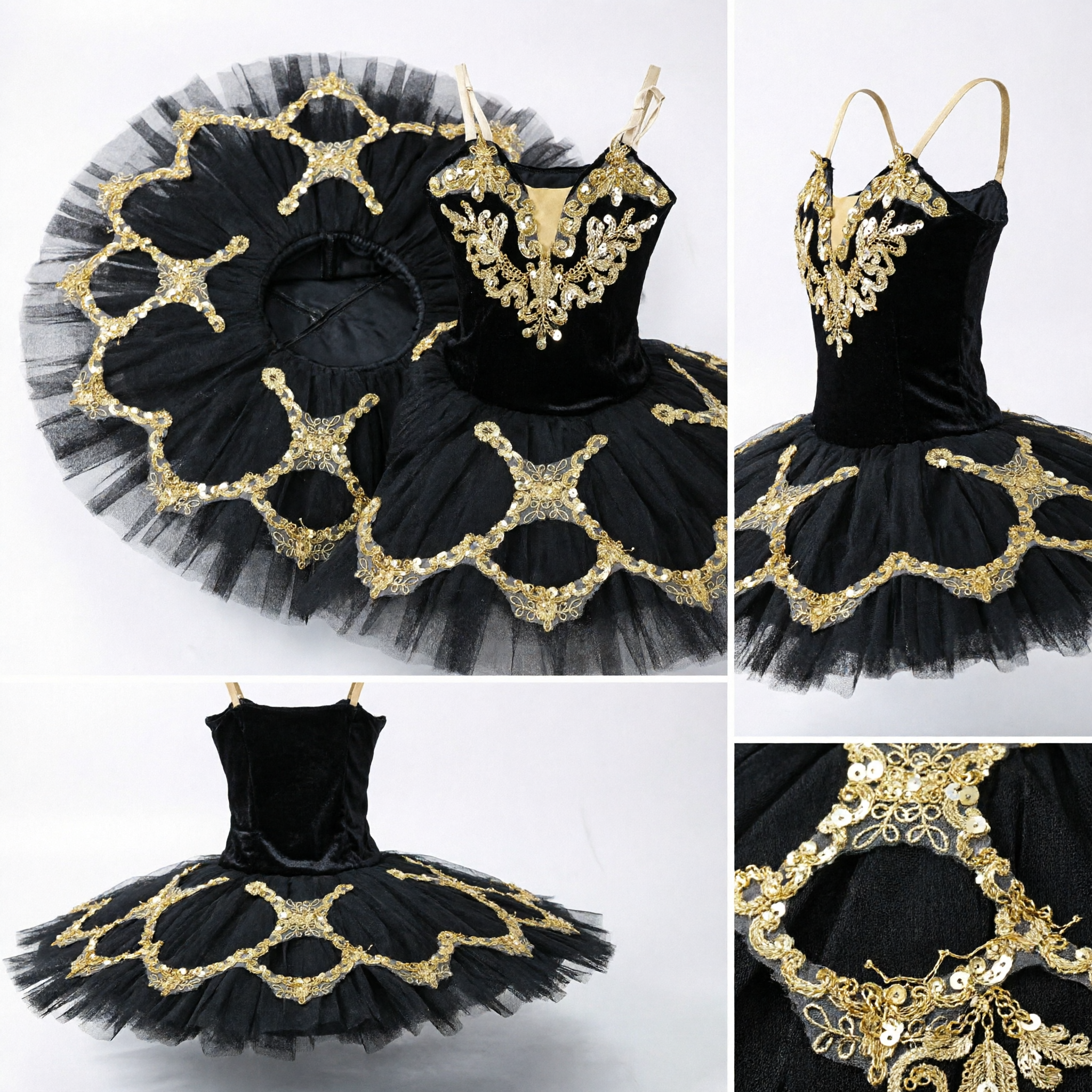 Professional Black Swan Ballet Tutu Classical Performance Costume with Gold Embroidery Stage Dance Dress for Women - Asian Costume