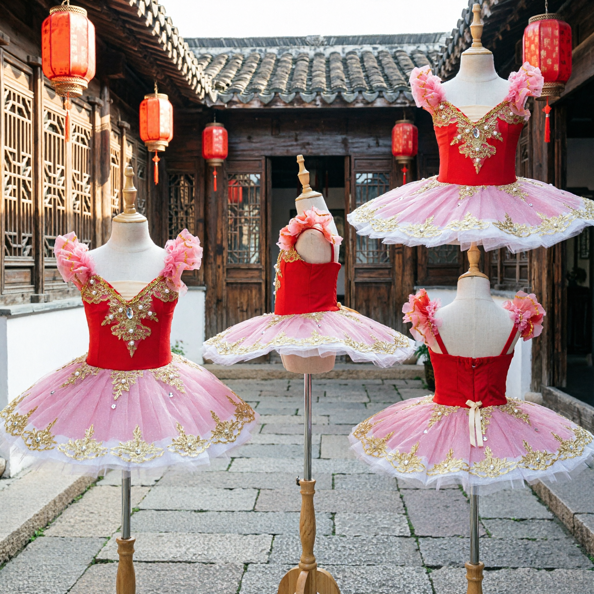 Professional Red and Pink Classical Ballet Tutu Dress with Gold Embroidery for Girls Stage Dance Performance Costume - Asian Costume