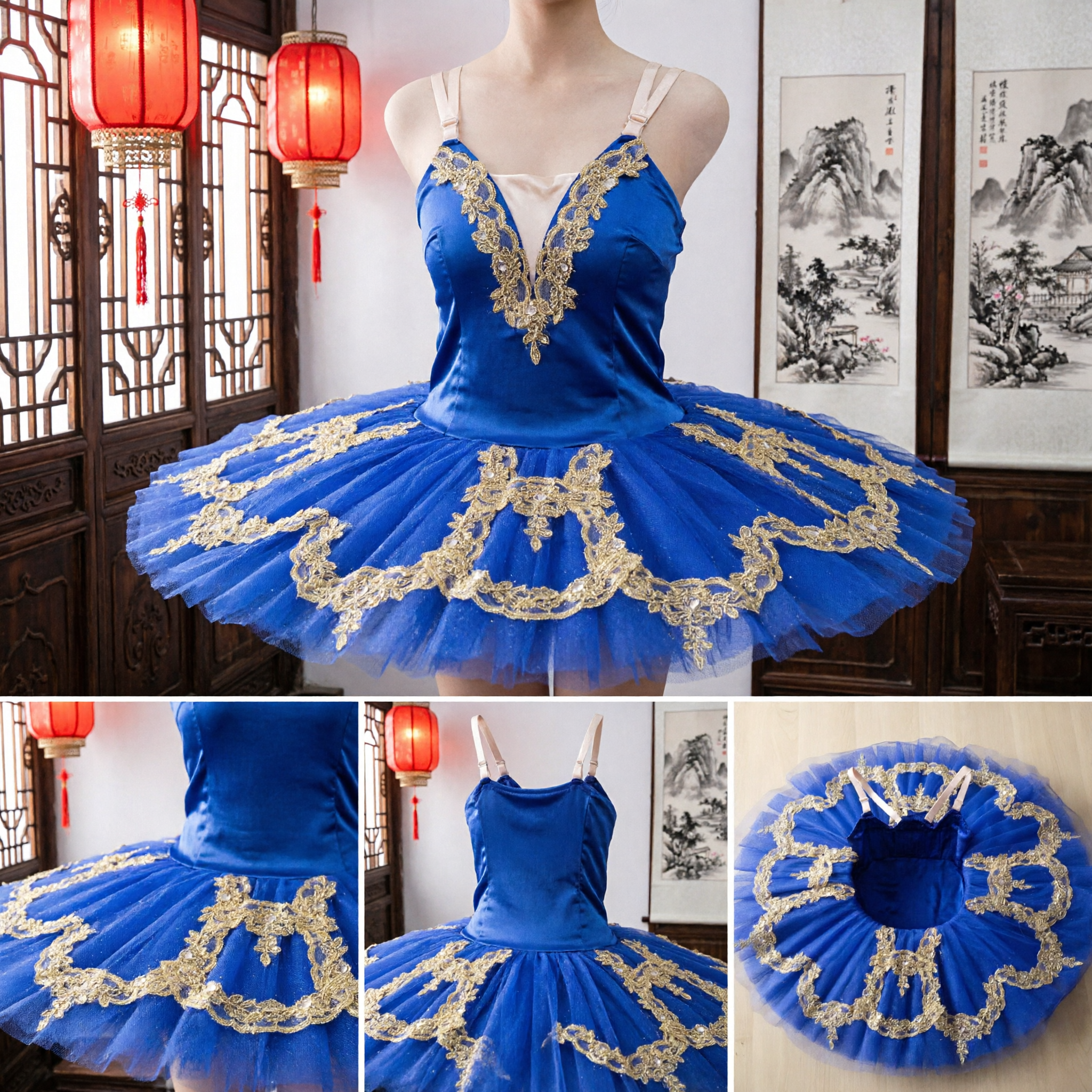 Royal Blue Classical Ballet Tutu Dress with Gold Embroidery for Stage Performance Dance Recital Costume - Asian Costume