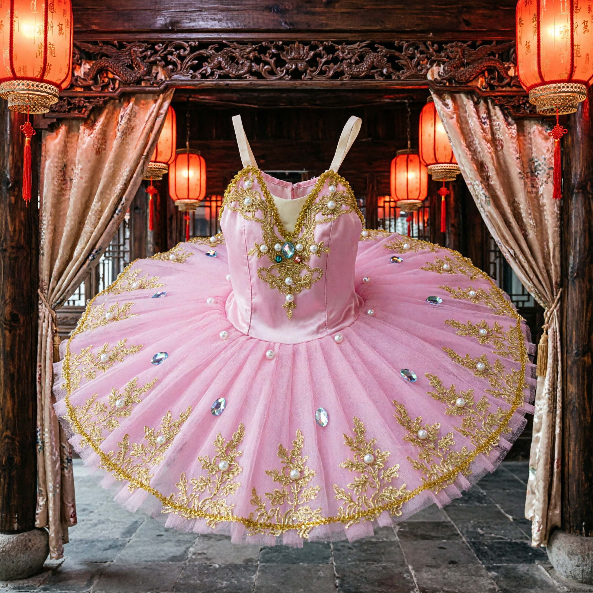 Pink Classical Ballet Tutu Dress for Girls with Gold Embroidery and Pearls for Stage Performance - Asian Costume