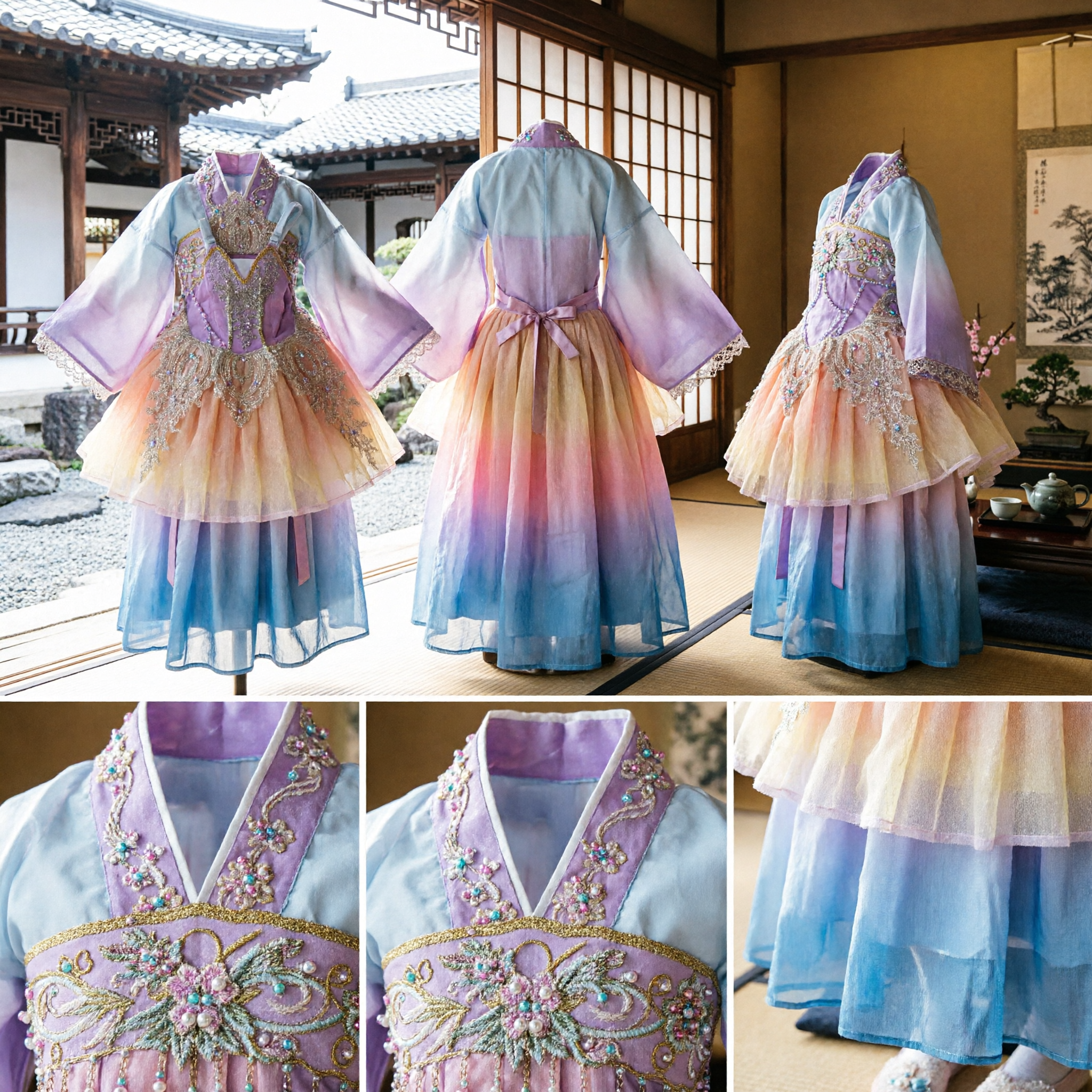 Girls Peach Classical Ballet Tutu Costume Gold Beaded Bodice Tulle Skirt for Kids Stage Dance Performance - Asian Costume