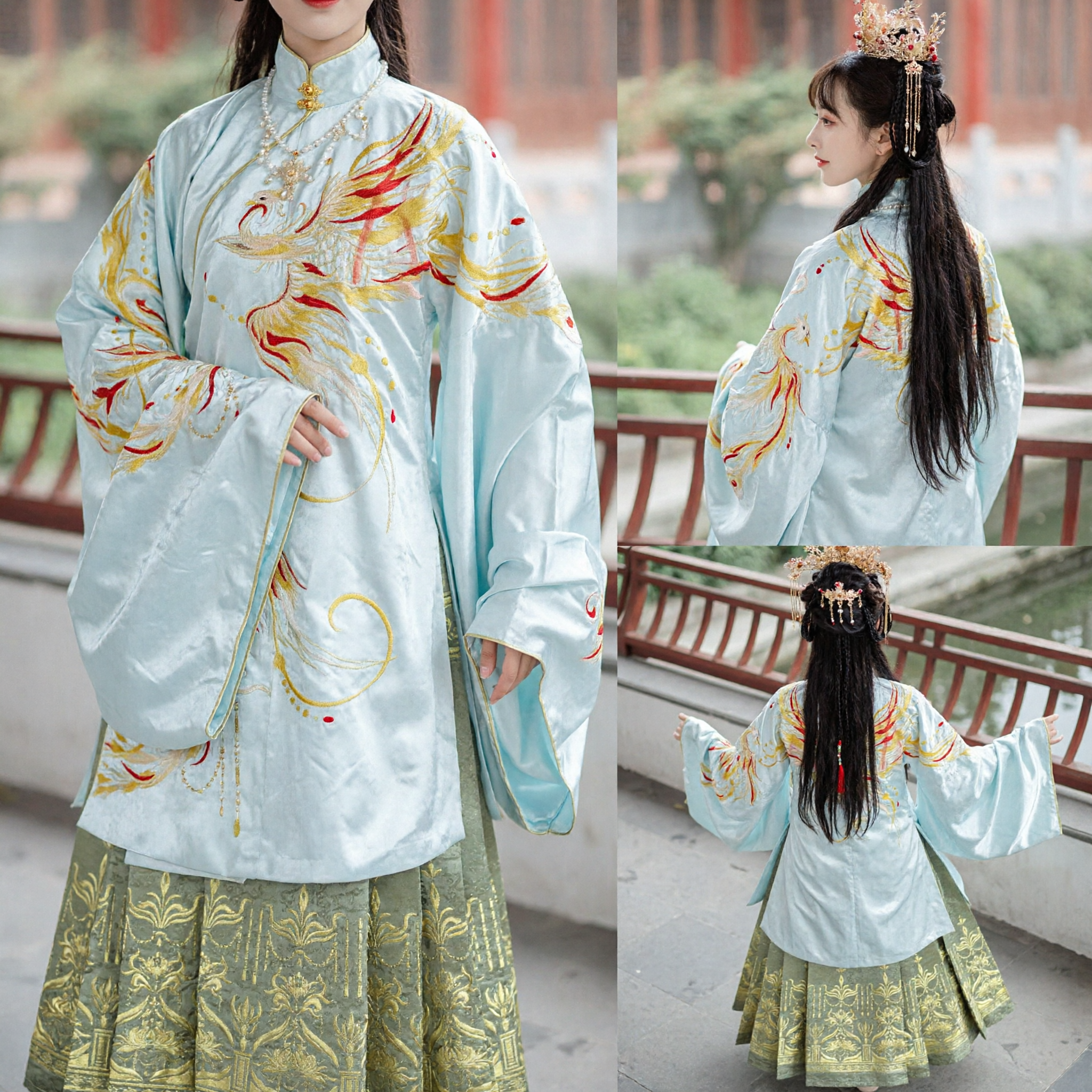 Elegant Chinese Hanfu Ming Dynasty Phoenix Embroidery Standing Collar Wide Sleeve Ancient Costume for Women - Asian Costume