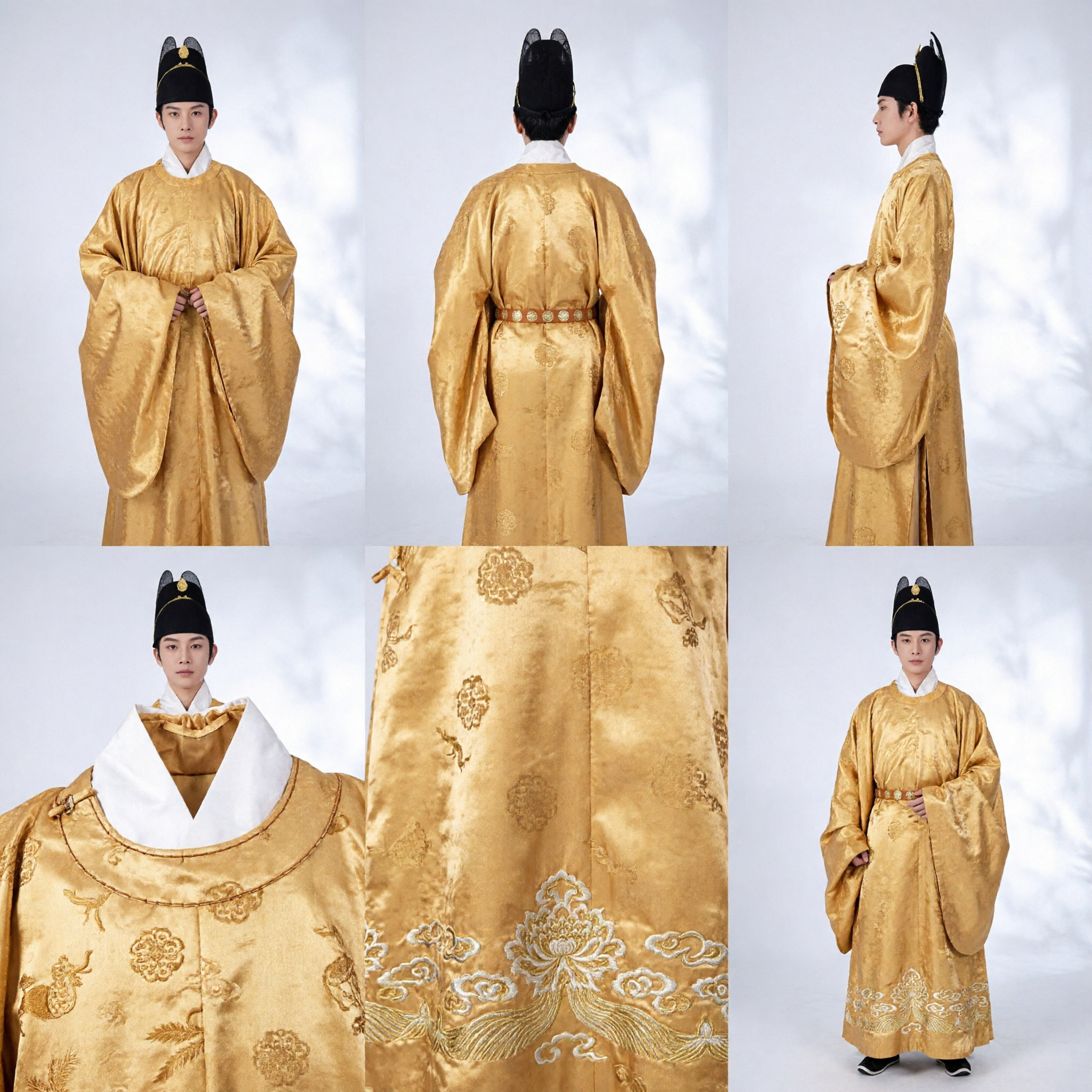 Men's Ancient Chinese Tang Dynasty Hanfu Costume Golden Yellow Silk Robe for Stage Performance and Cosplay - Asian Costume