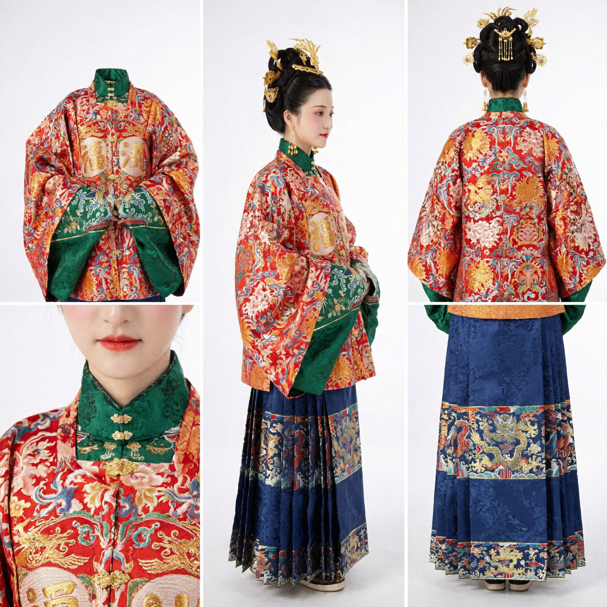 Traditional Chinese Ming Dynasty Hanfu Costume Women Red Embroidered Pifeng Coat Blue Mamianqun Skirt Set - Asian Costume