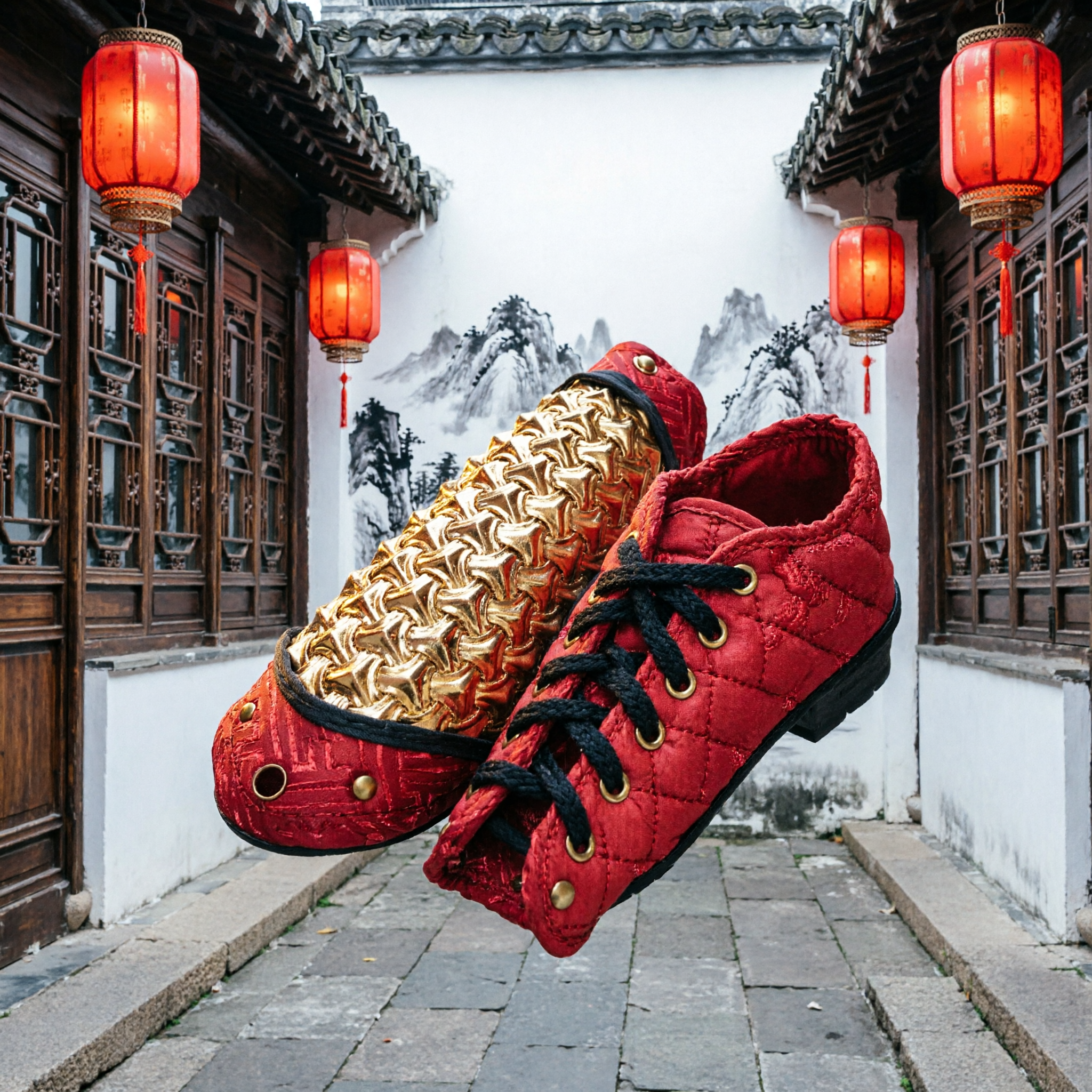 Traditional Chinese Red and Gold Dragon Scale Arm Guards for Lion Dance Kung Fu Performance Costume Accessories - Asian Costume