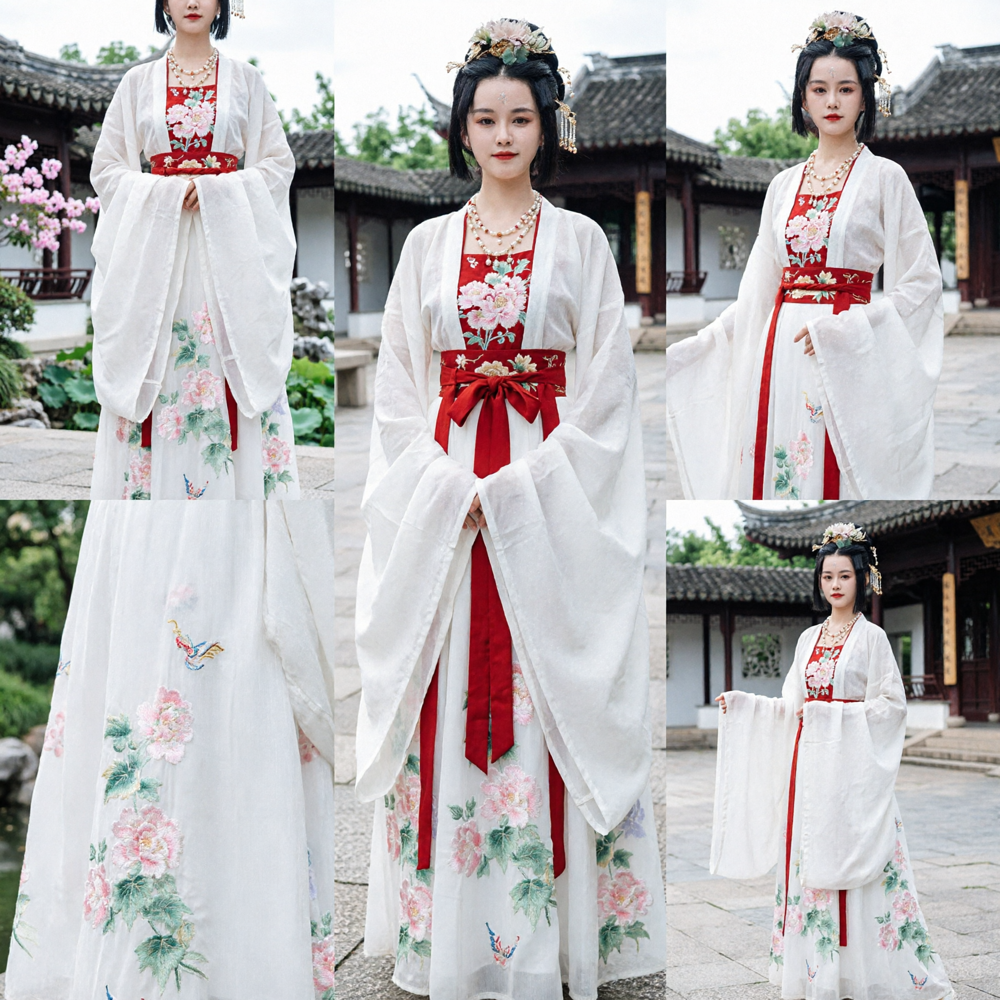 Traditional Chinese Hanfu Tang Dynasty Style White Wide Sleeve Dress with Floral Embroidery Ancient Costume for Women - Asian Costume
