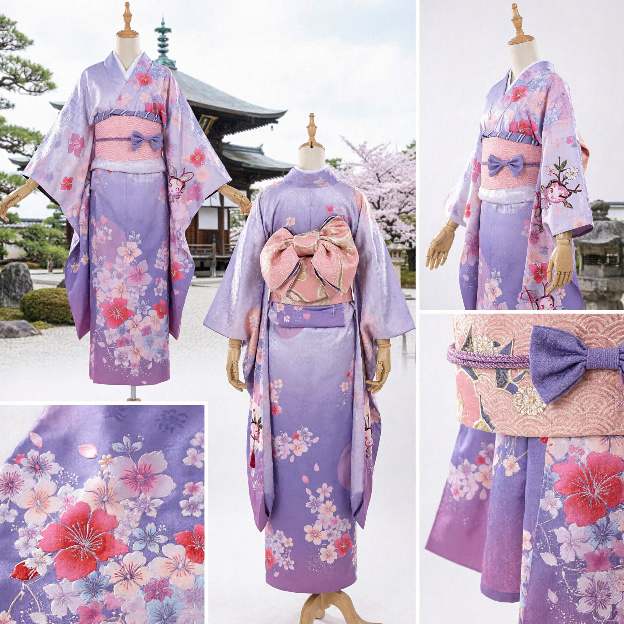 Women's Purple Japanese Kimono Furisode Costume Sakura Floral Print Anime Cosplay Outfit for Halloween - Asian Costume