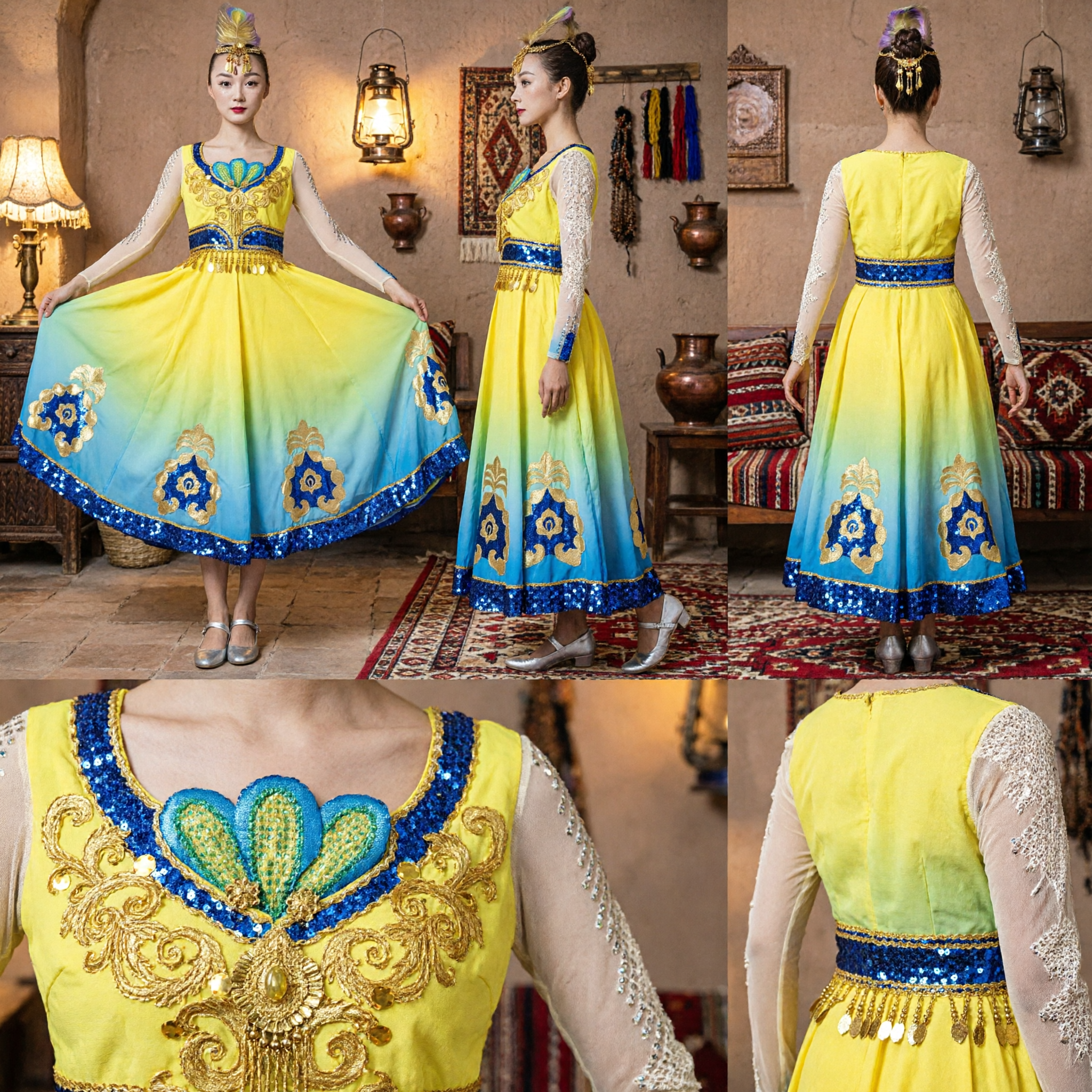 Traditional Chinese Folk Dance Costume Women Yellow Blue Gradient Dress Yangge Stage Performance Outfit with Headpiece - Asian Costume