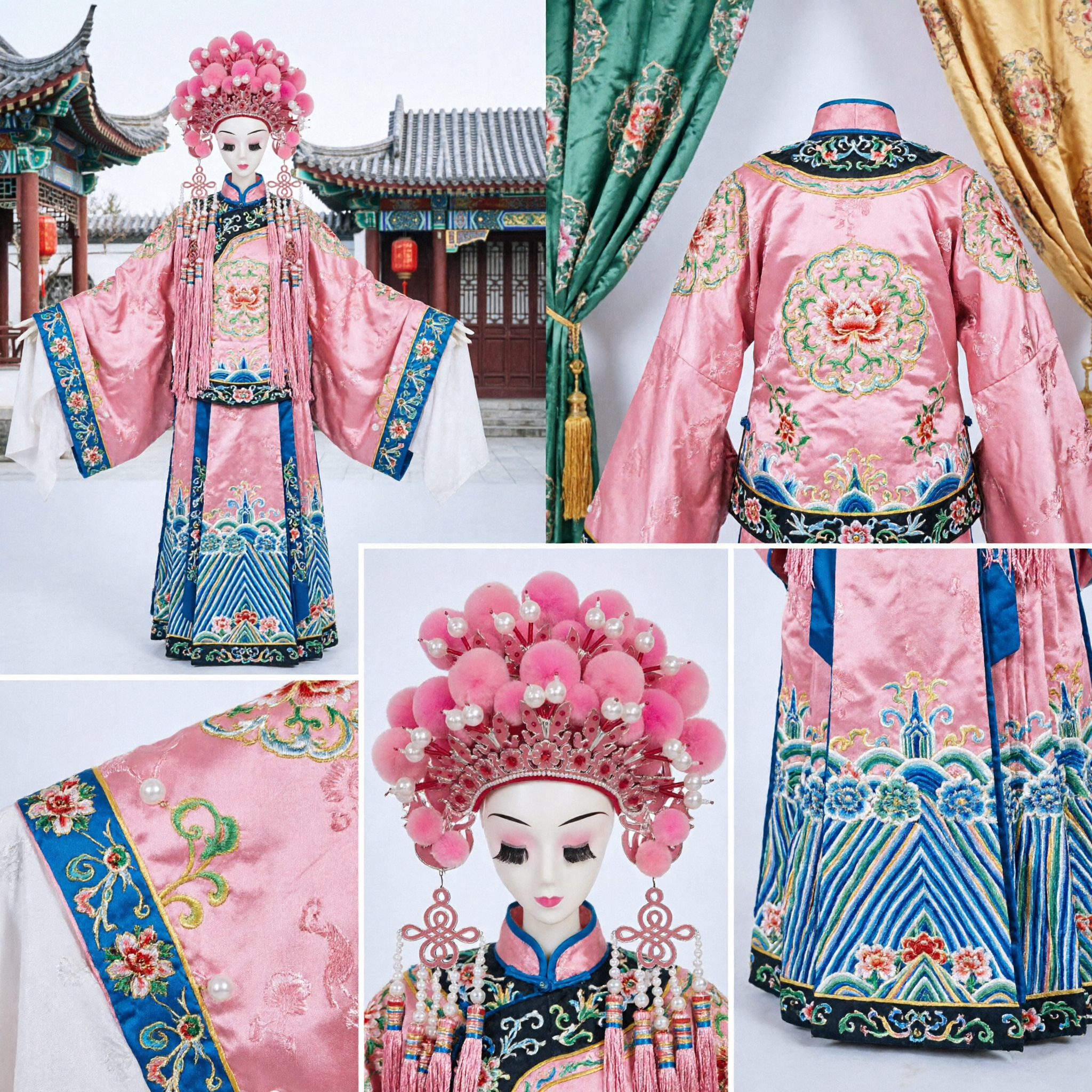 Traditional Chinese Peking Opera Headdress Pink Pom Pom Phoenix Crown Hairpin for Hua Dan Costume Performance - Asian Costume