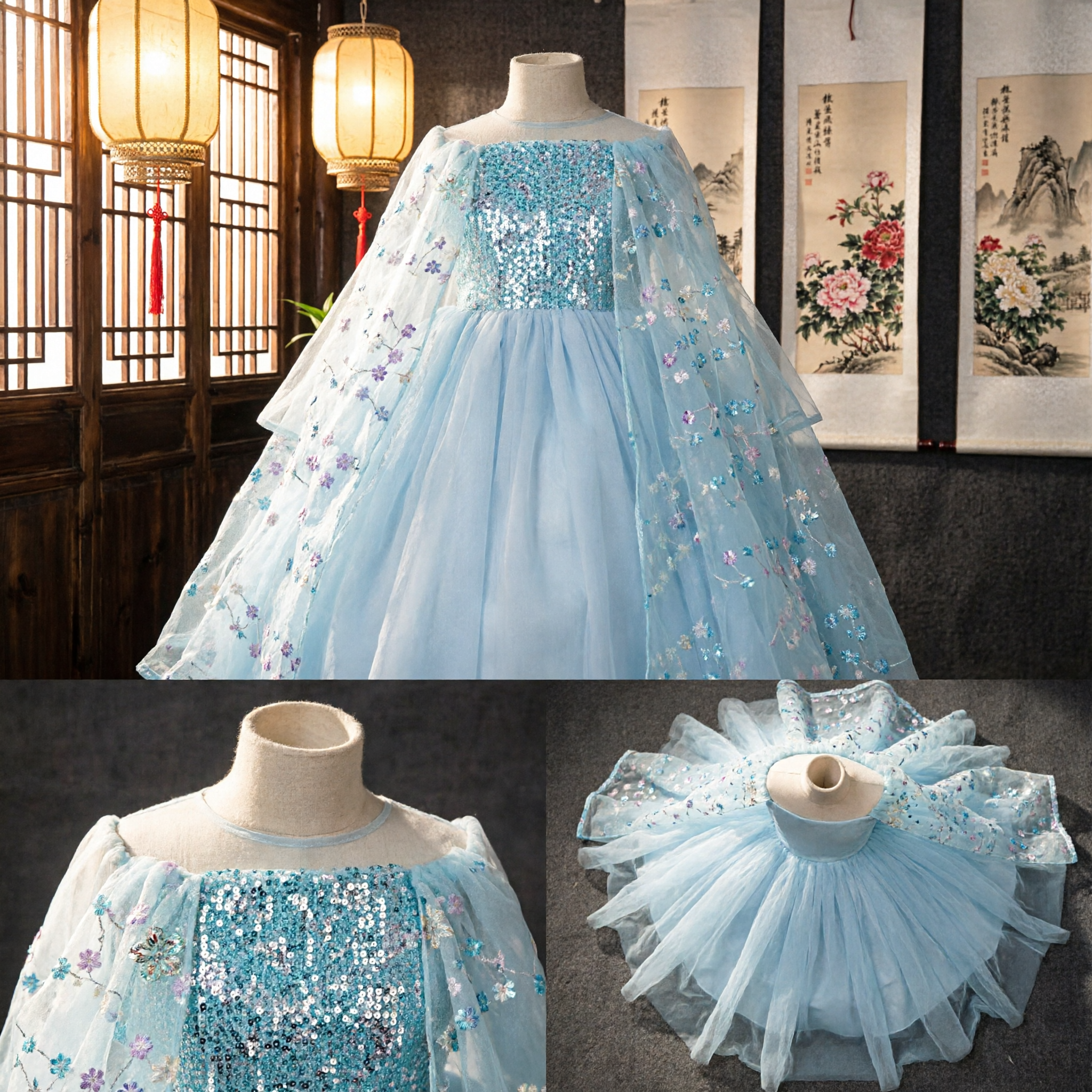 Girls Blue Tulle Princess Dress with Sequin Bodice and Cape for Kids Cosplay Halloween Party - Asian Costume