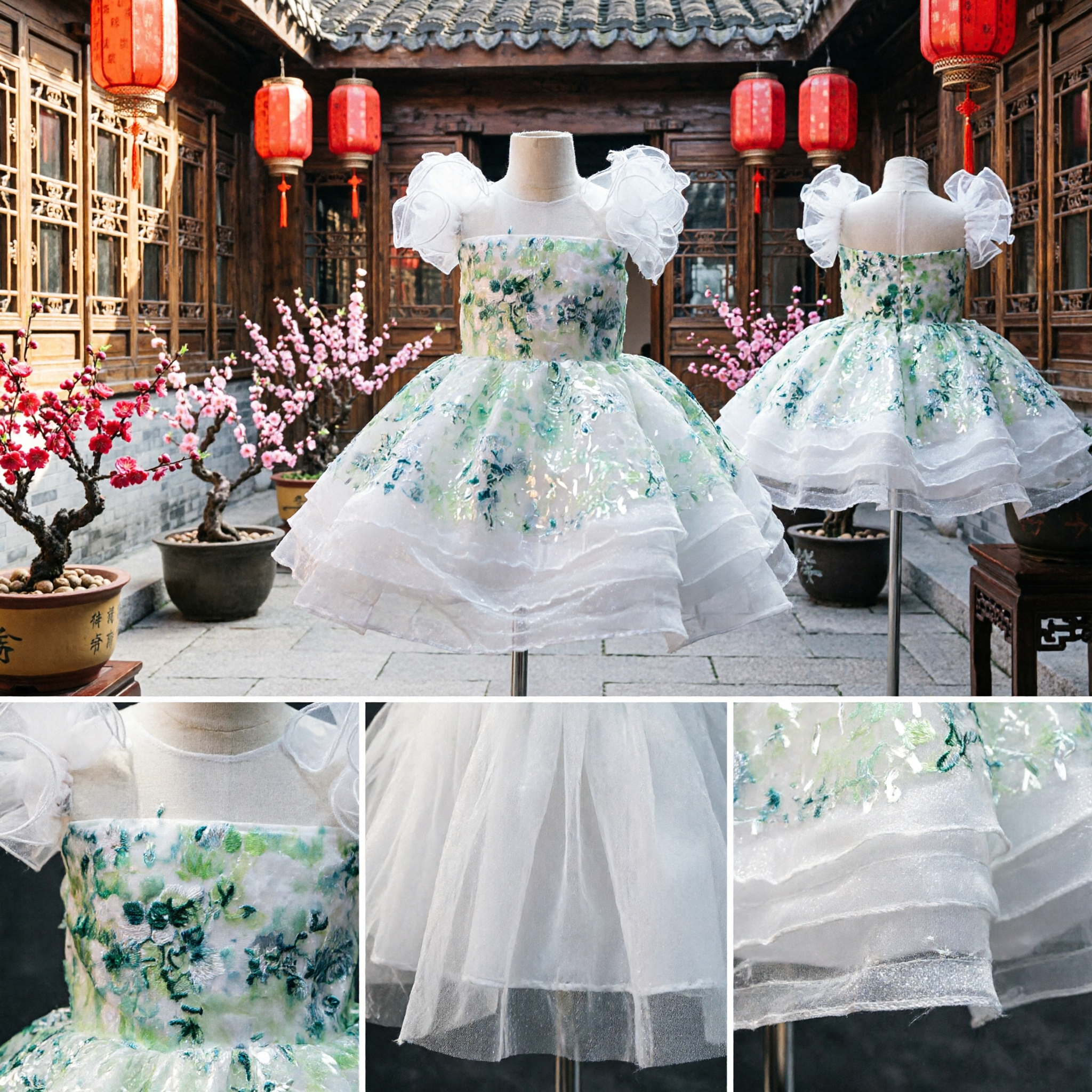 White and Green Floral Sequin Flower Girl Ballgown Dress with Ruffled Sleeves for Wedding Pageant - Asian Costume