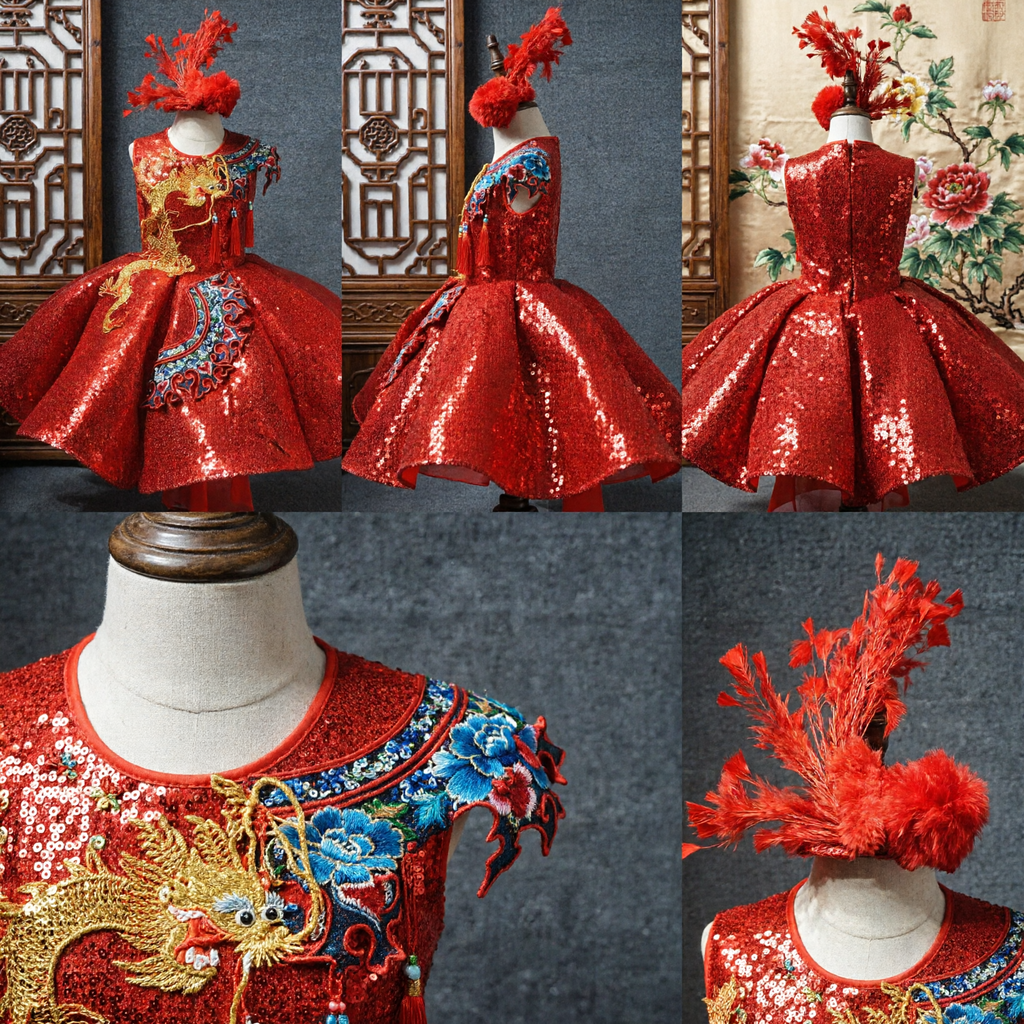 Kids Chinese Traditional Dragon Dance Costume Red Sequin Dress for Stage Performance and Festivals - Asian Costume