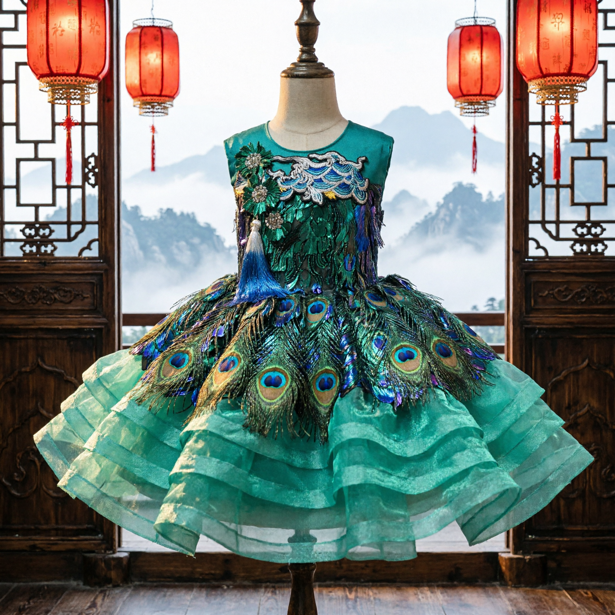 Girls Teal Peacock Dance Costume Sequined Tutu Dress for Traditional Chinese Stage Performance - Asian Costume