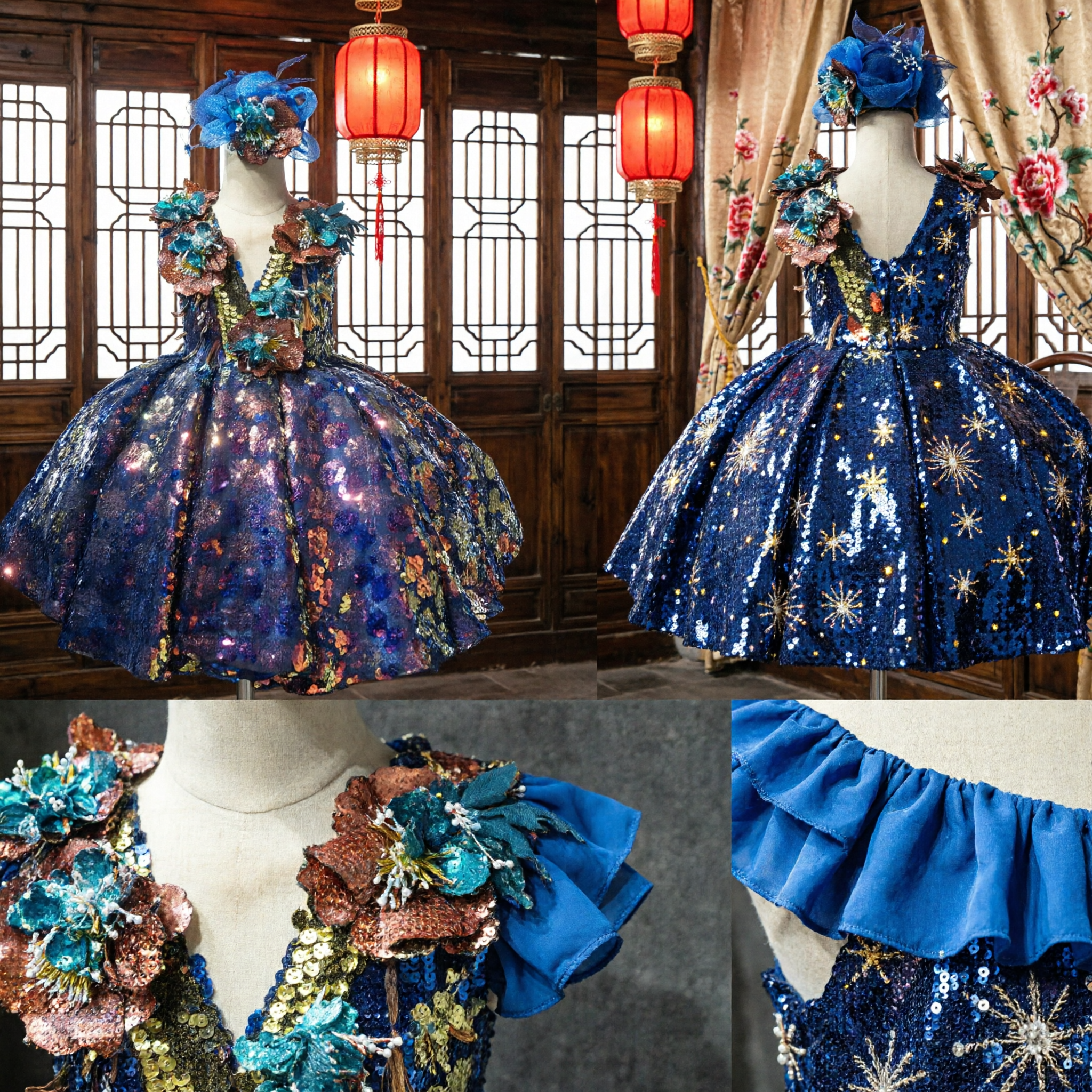 Blue Sequin Floral Stage Performance Dress with Headpiece for Women Latin Dance Competition Show - Asian Costume