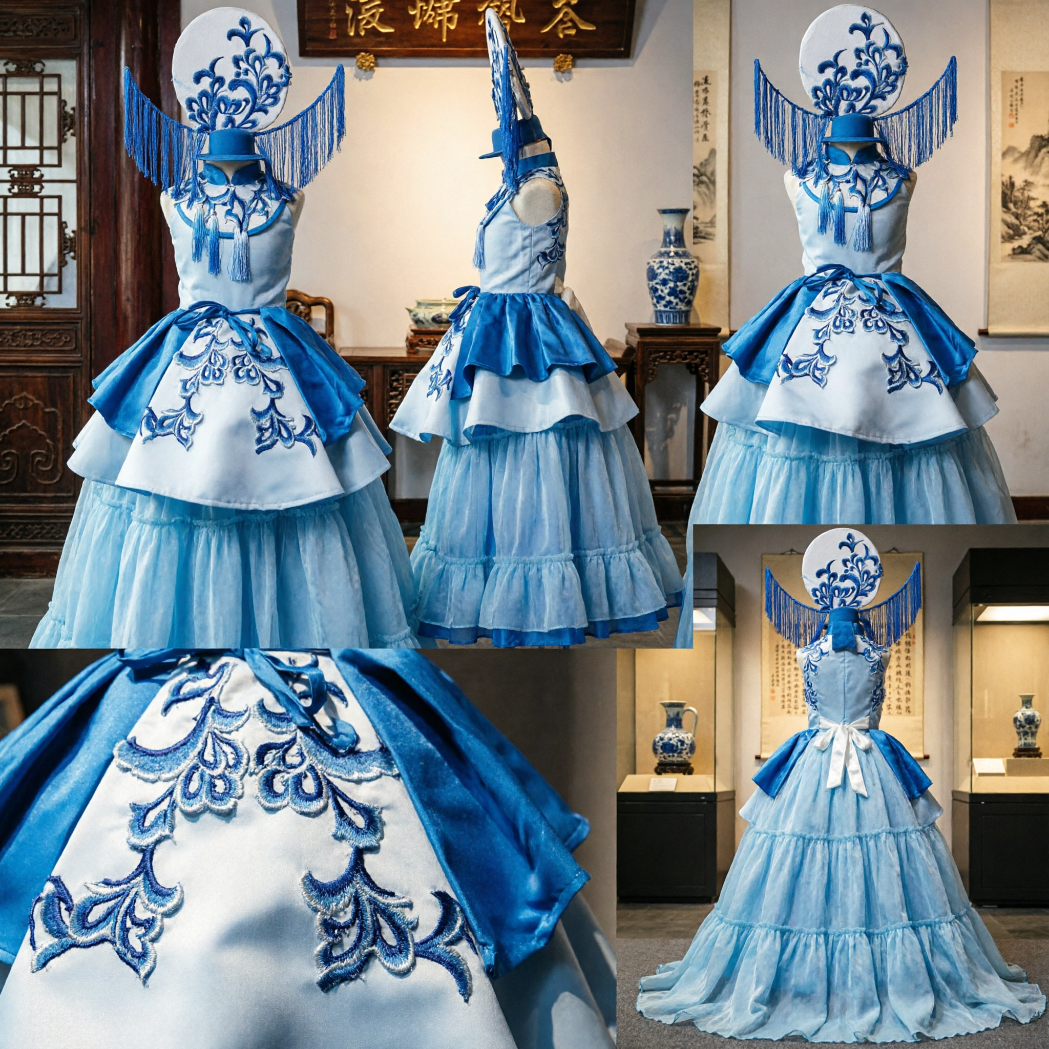 Exquisite Blue and White Porcelain Chinese Opera Costume with Headdress for Women Stage Performance - Asian Costume