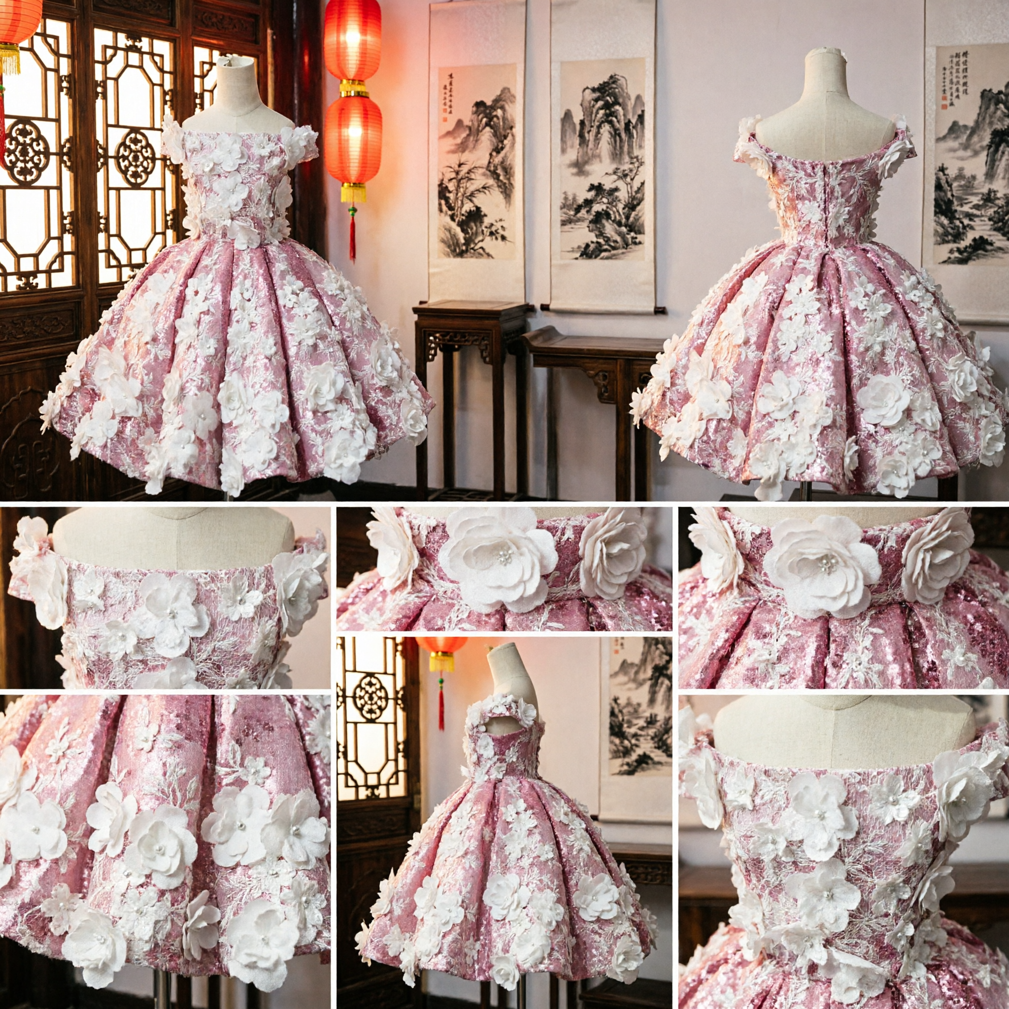 Elegant Pink 3D Floral Applique Off-Shoulder Ball Gown for Kids Flower Girl Pageant Party Dress - Asian Costume