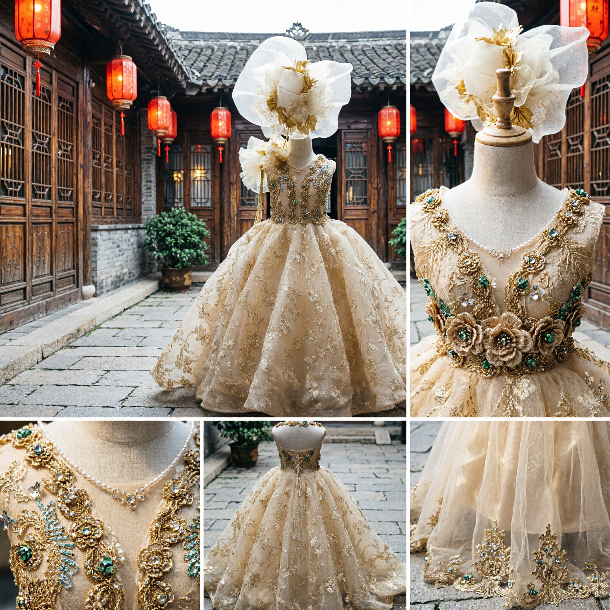 Champagne Gold Embroidered Flower Girl Ball Gown with Sequin Bodice and Matching Hat for Weddings Pageants - Asian Costume