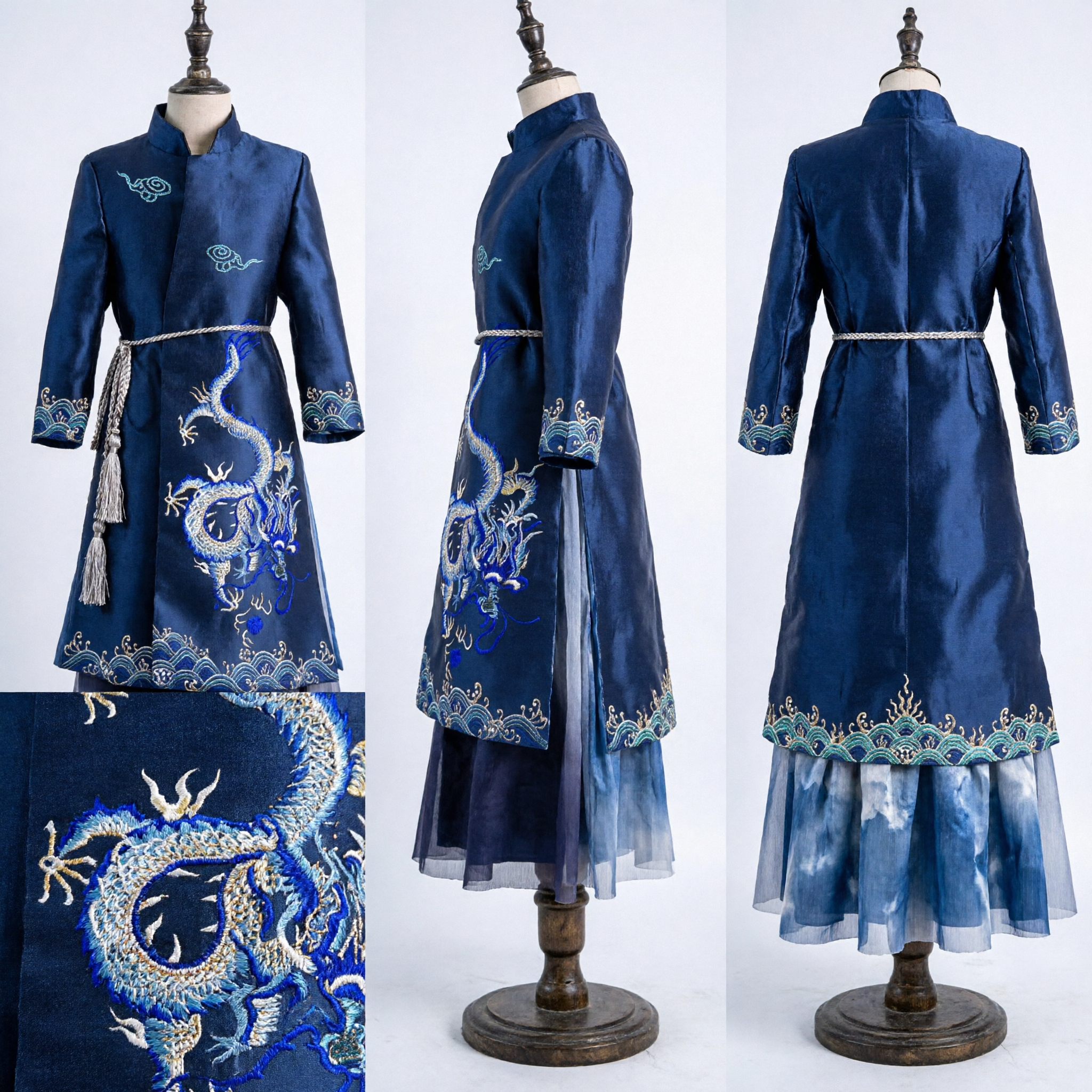 Blue Dragon Embroidered Traditional Chinese Hanfu Men's Ancient Silk Robe Costume for Wedding and Performance - Asian Costume