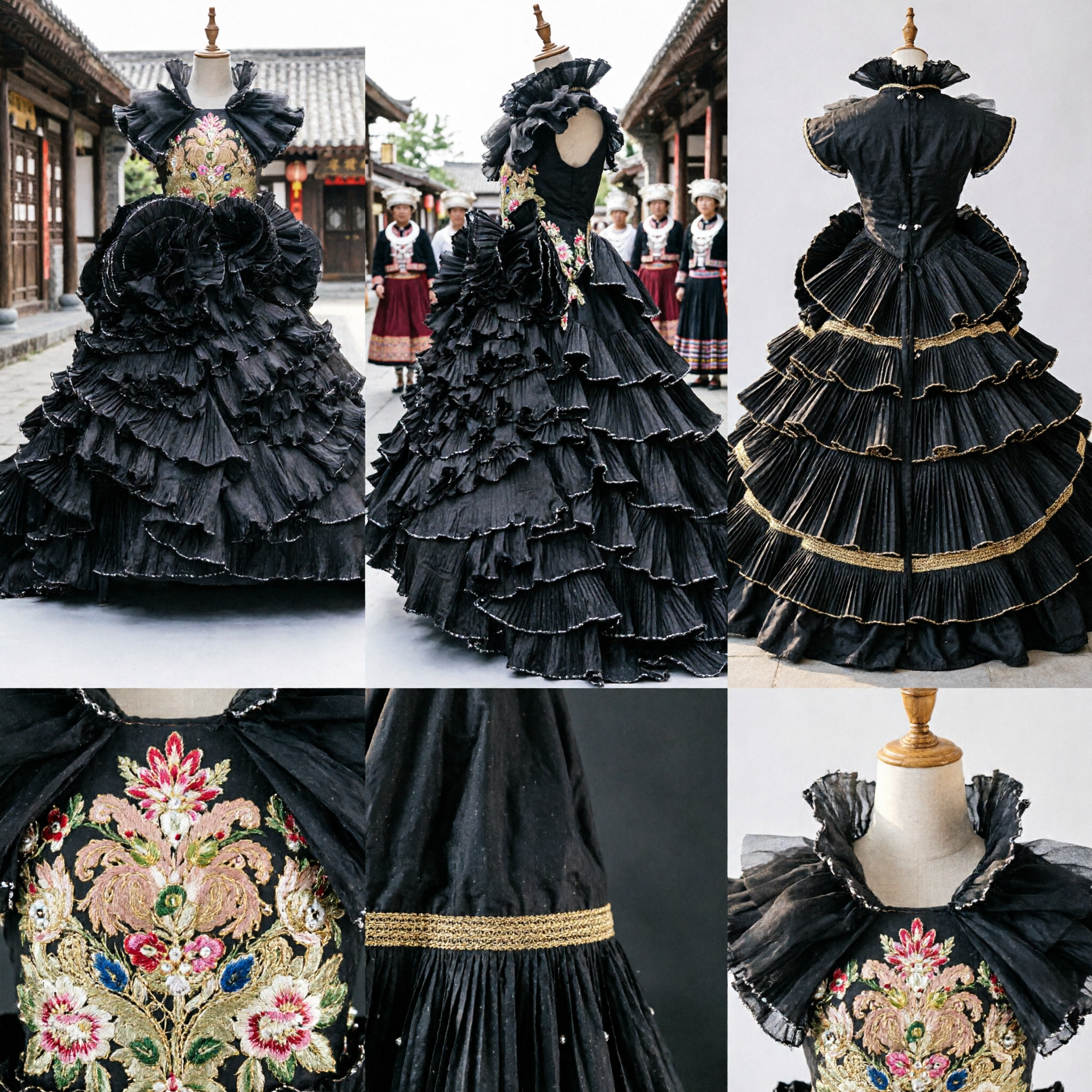 Women's Black Baroque Ball Gown with Tiered Ruffled Skirt and Gold Embroidery for Stage Performance - Asian Costume