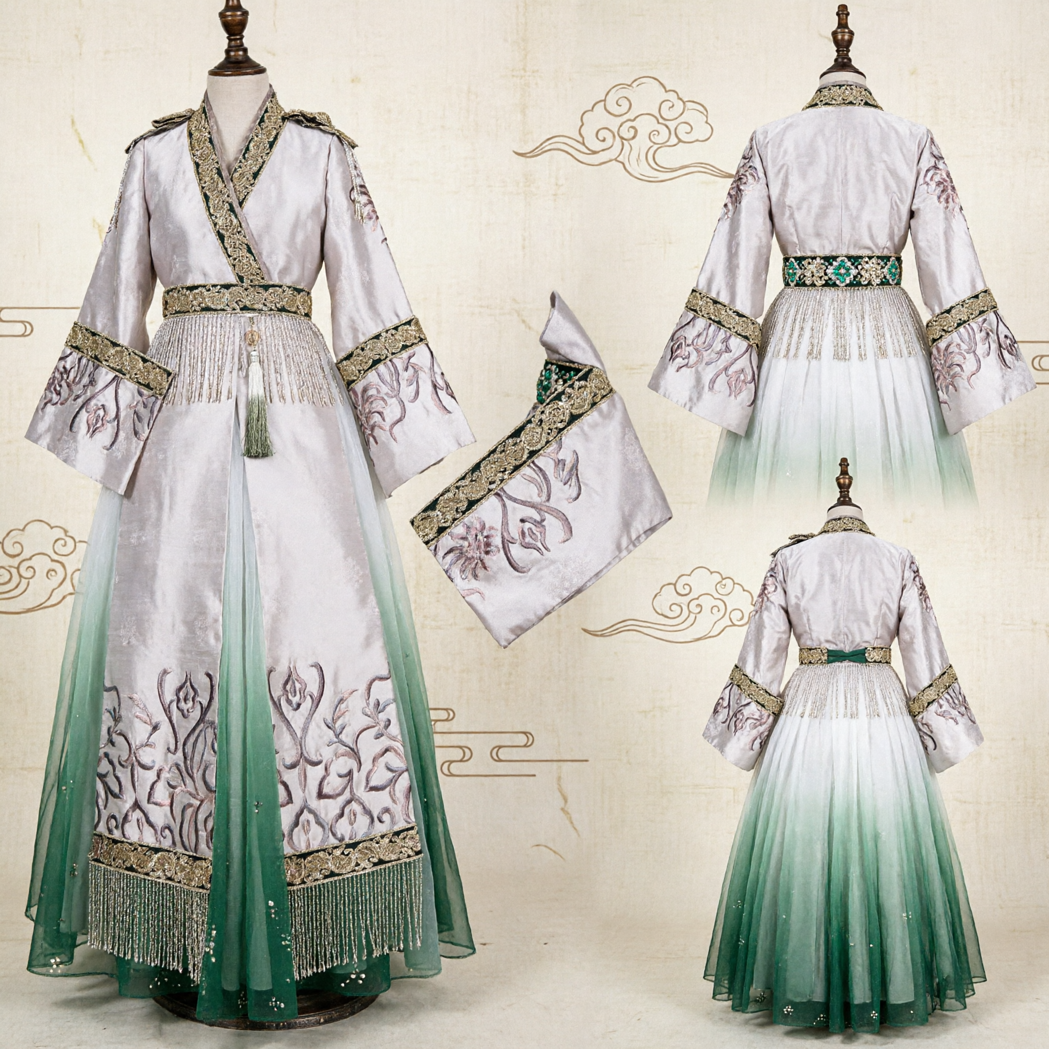 Traditional Chinese Hanfu Ancient Costume White and Green Gradient Robe with Embroidery for Cosplay Performance - Asian Costume