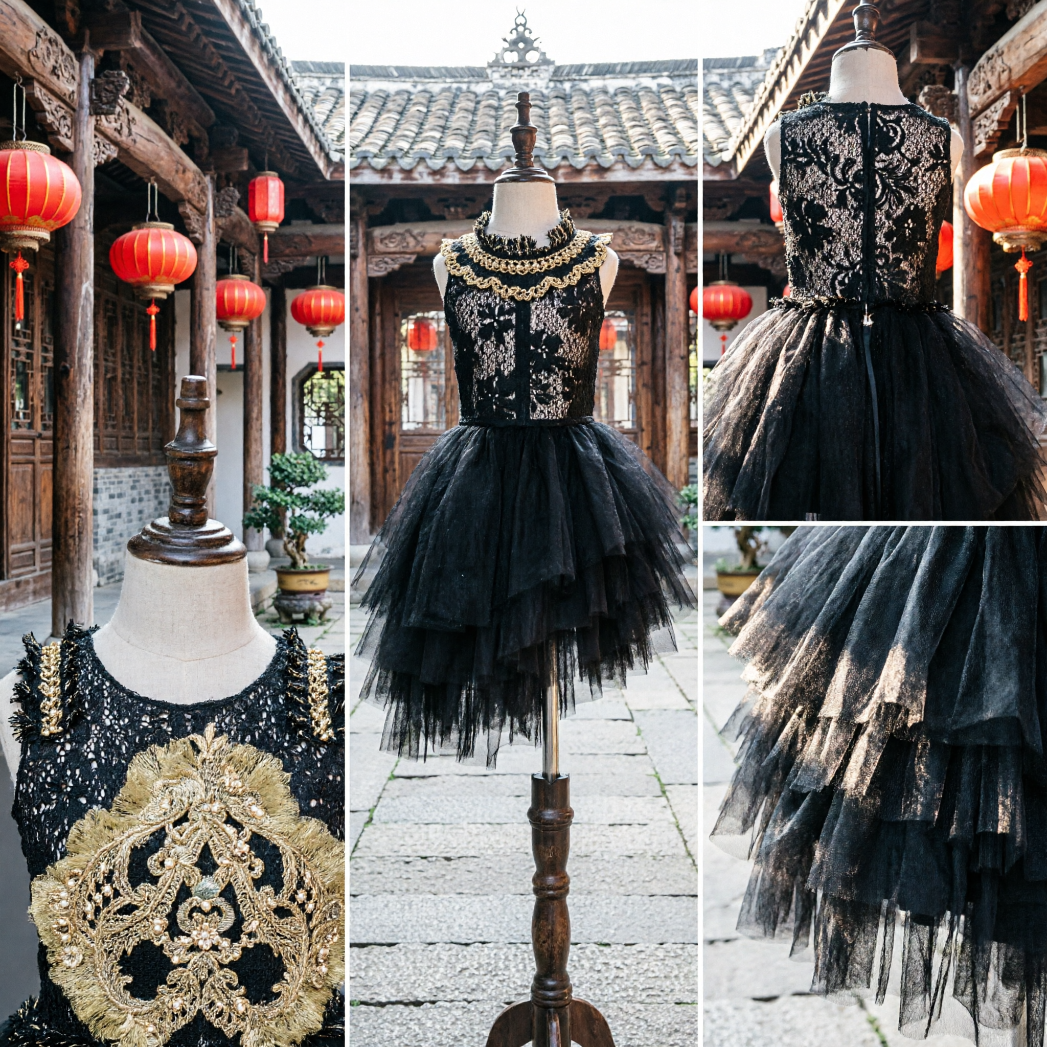 Black Sequin Embroidered Bodice Dress for Girls with Tulle Tutu Skirt Stage Performance Costume - Asian Costume