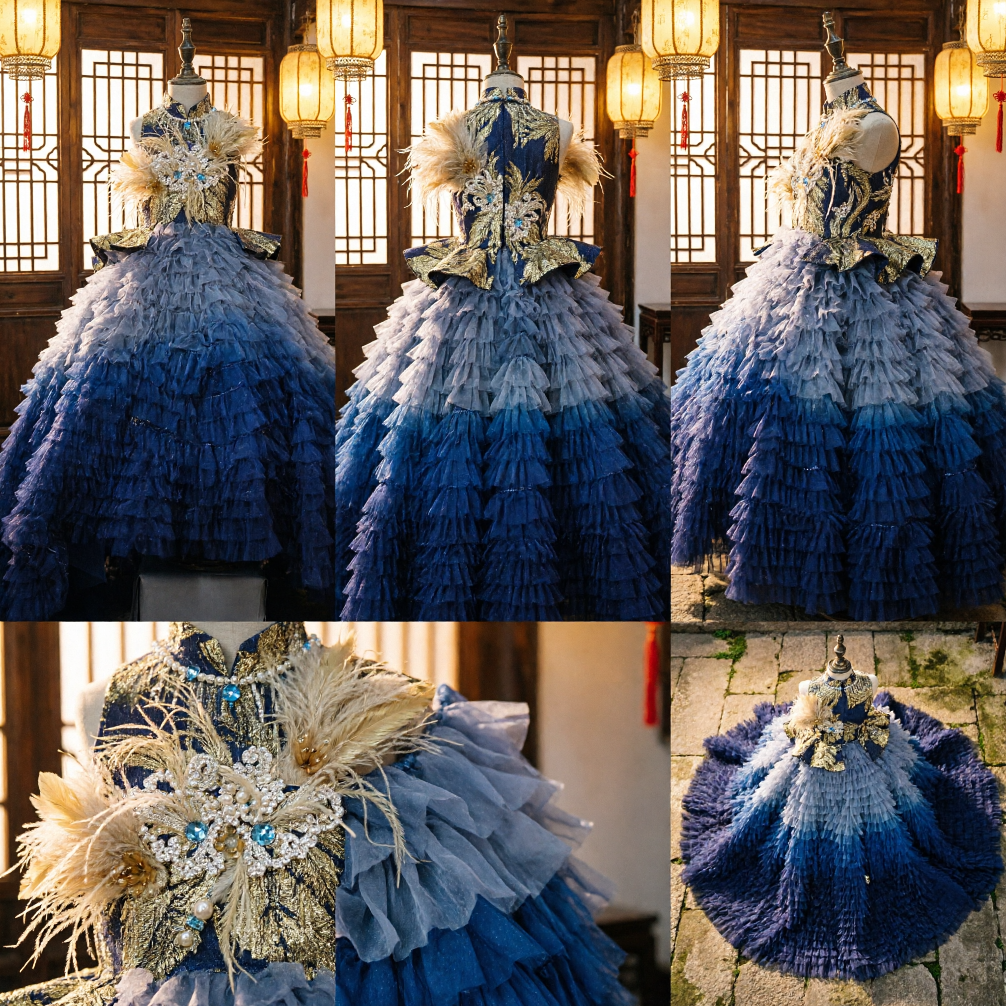 Elegant Blue Ombré Ruffled Tulle Gown with Gold Bodice and Feathers for Stage Performance Hostess - Asian Costume