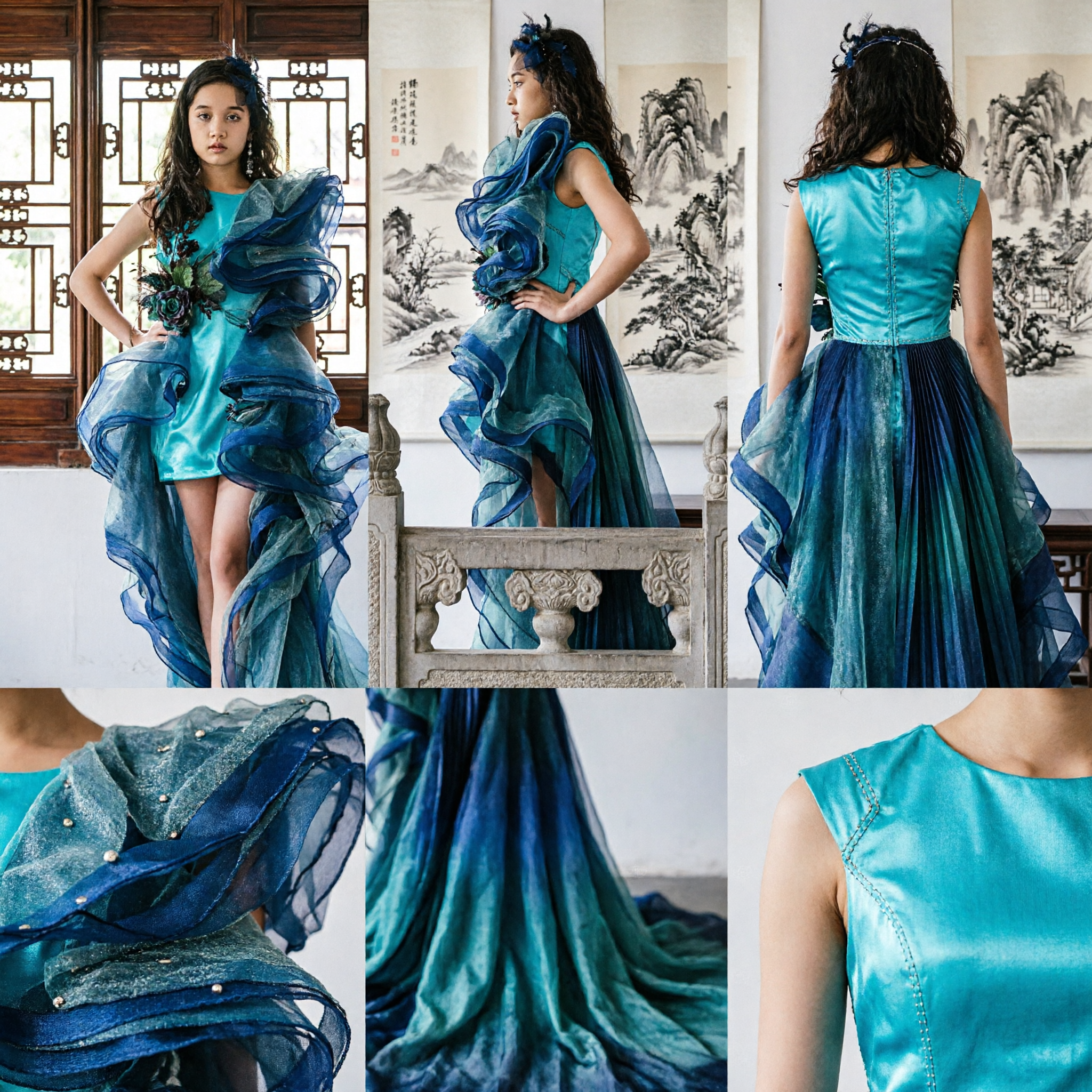 Elegant Blue Ruffle Organza Evening Gown for Kids High Fashion Stage Performance Dress with Floral Appliques - Asian Costume
