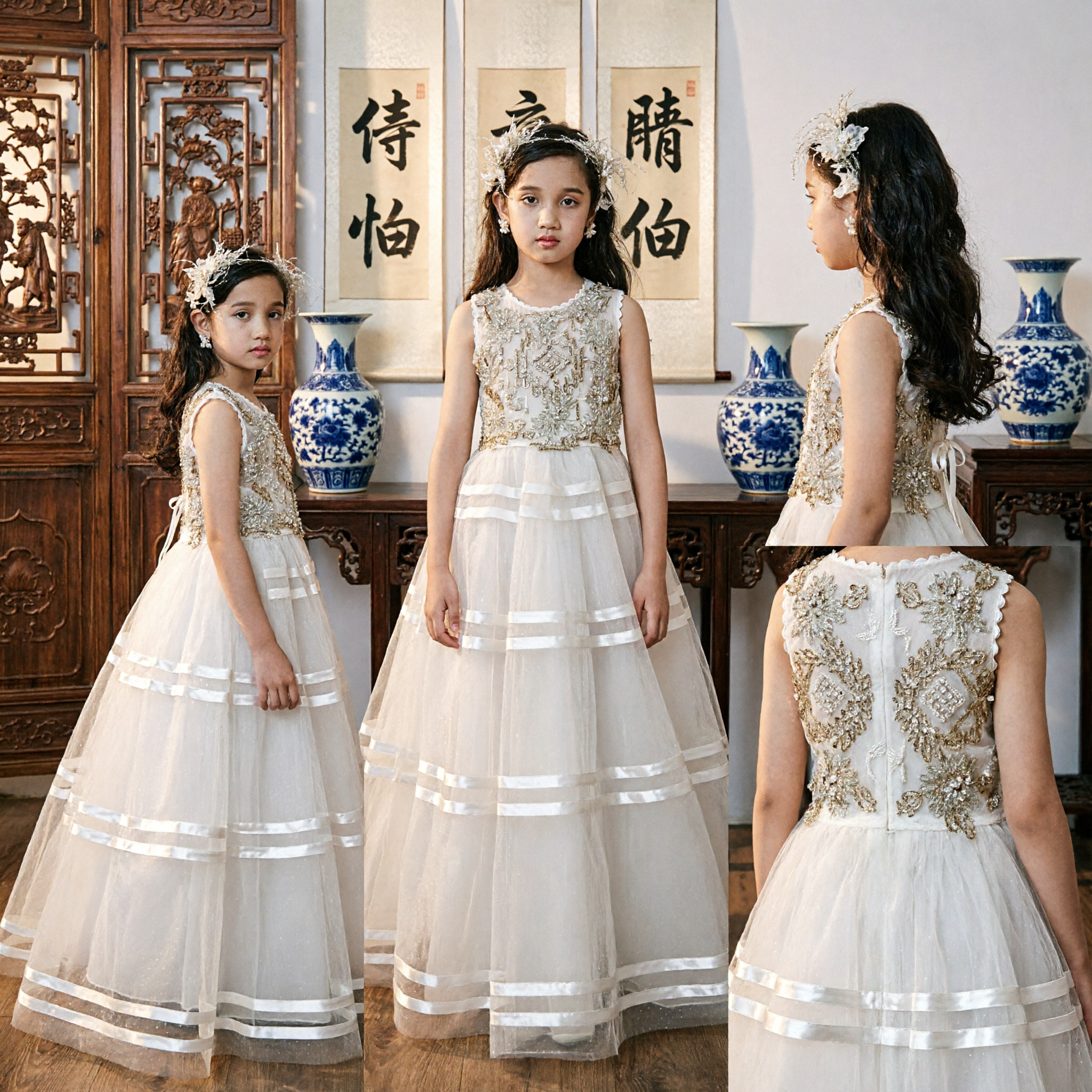 Elegant Sleeveless Silver Sequin Flower Girl Dress Long Tulle Gown for Kids Wedding Party Pageant - Asian Costume