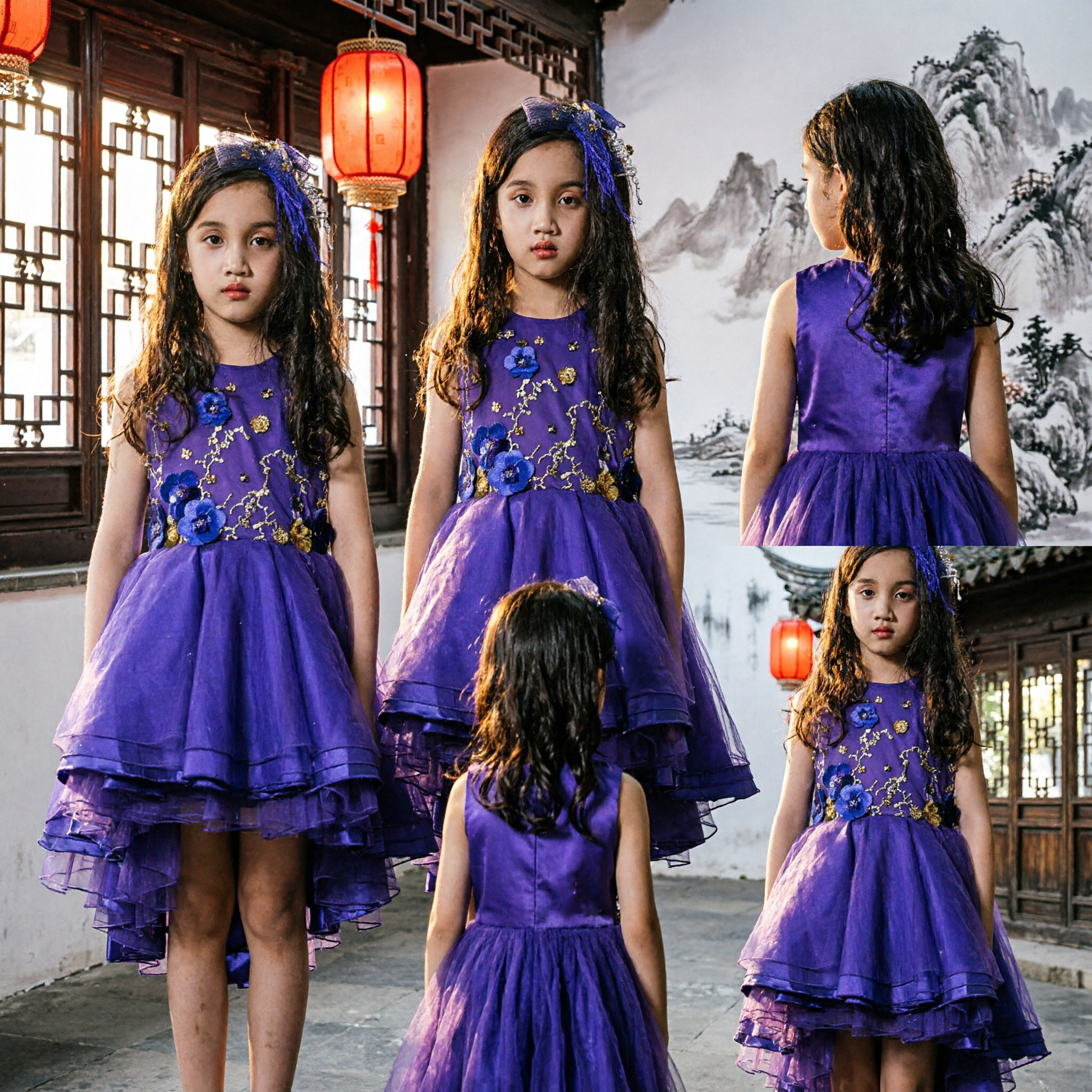 Royal Blue Sleeveless Floral Embroidered Kids Dress Girls Pageant Gown Formal Party Performance Costume - Asian Costume