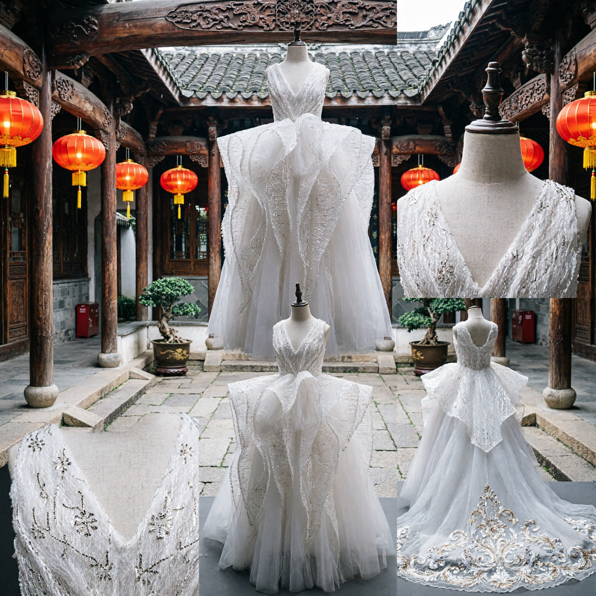 White V-Neck Ruffled Ballgown Dress for Girls Flower Girl Wedding Pageant Performance Costume - Asian Costume