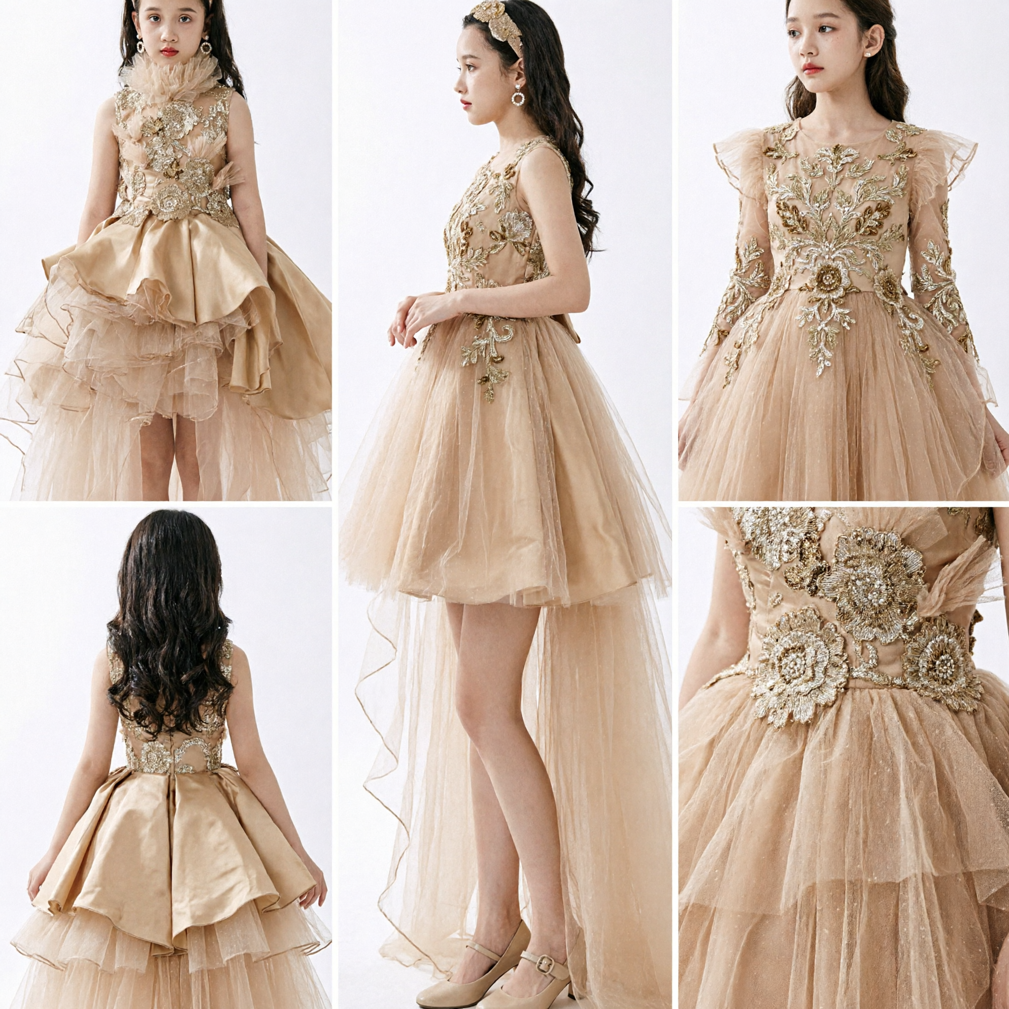 Girls Champagne Gold High-Low Formal Gown Luxury Sequin Floral Dress for Kids Flower Girl Pageant Party - Asian Costume