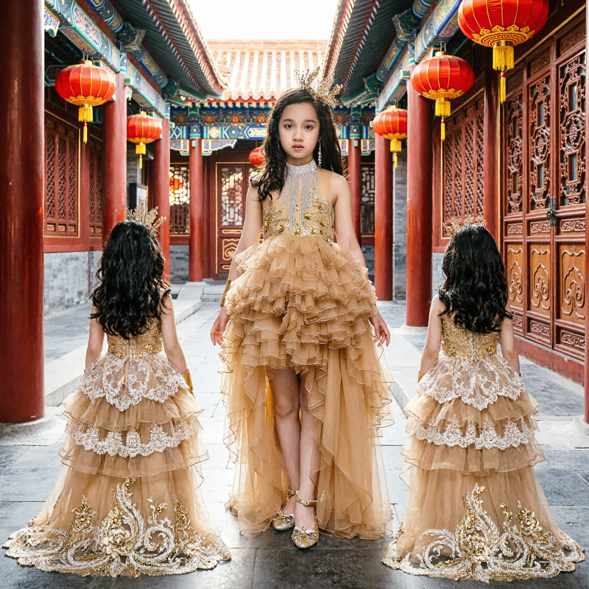 Kids Girls Golden Ruffled Party Dress Formal Evening Gown for Pageant Wedding Flower Girl Performance - Asian Costume