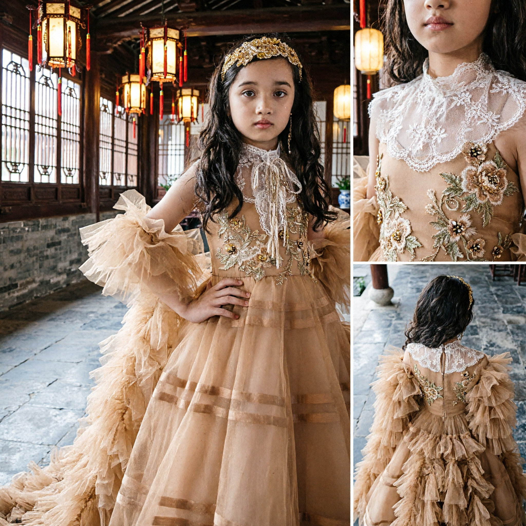 Luxurious Gold Ruffled Tulle Ballgown Princess Dress for Girls Formal Wedding Pageant Flower Girl - Asian Costume