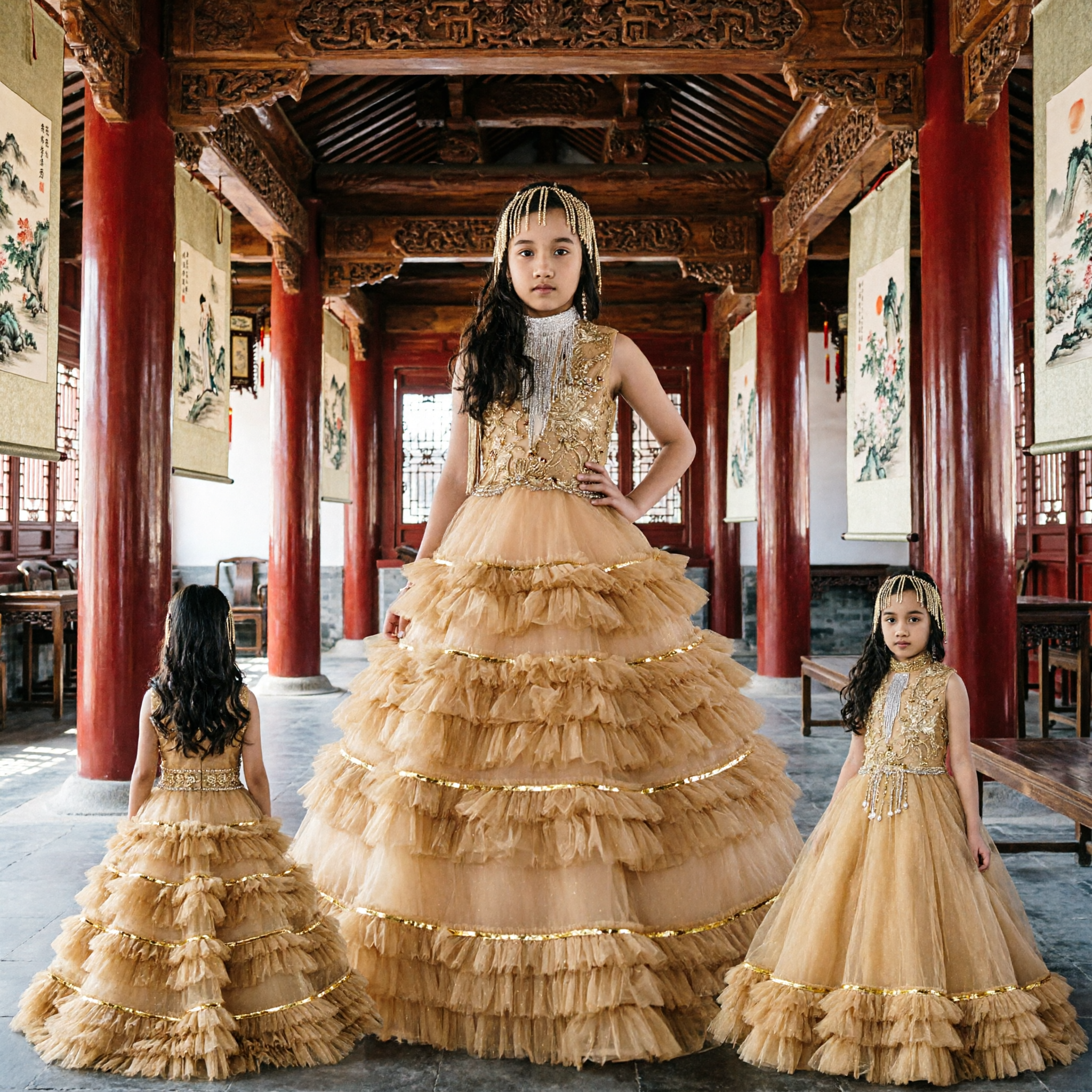 Girls Gold Sequin Bodice Ruffled Ballgown Dress for Latin Dance Competition Stage Performance Costume - Asian Costume