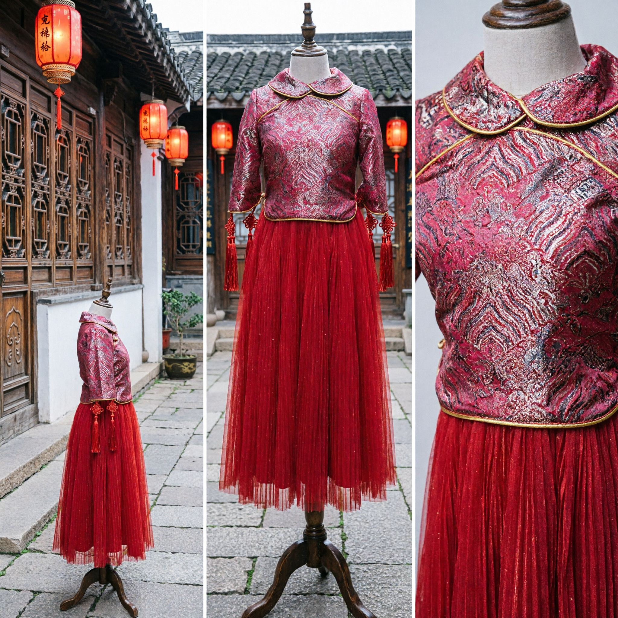 Traditional Chinese Xiuhe Suit Red Embroidered Jacket and Tulle Skirt Set for Wedding Bridesmaid - Asian Costume