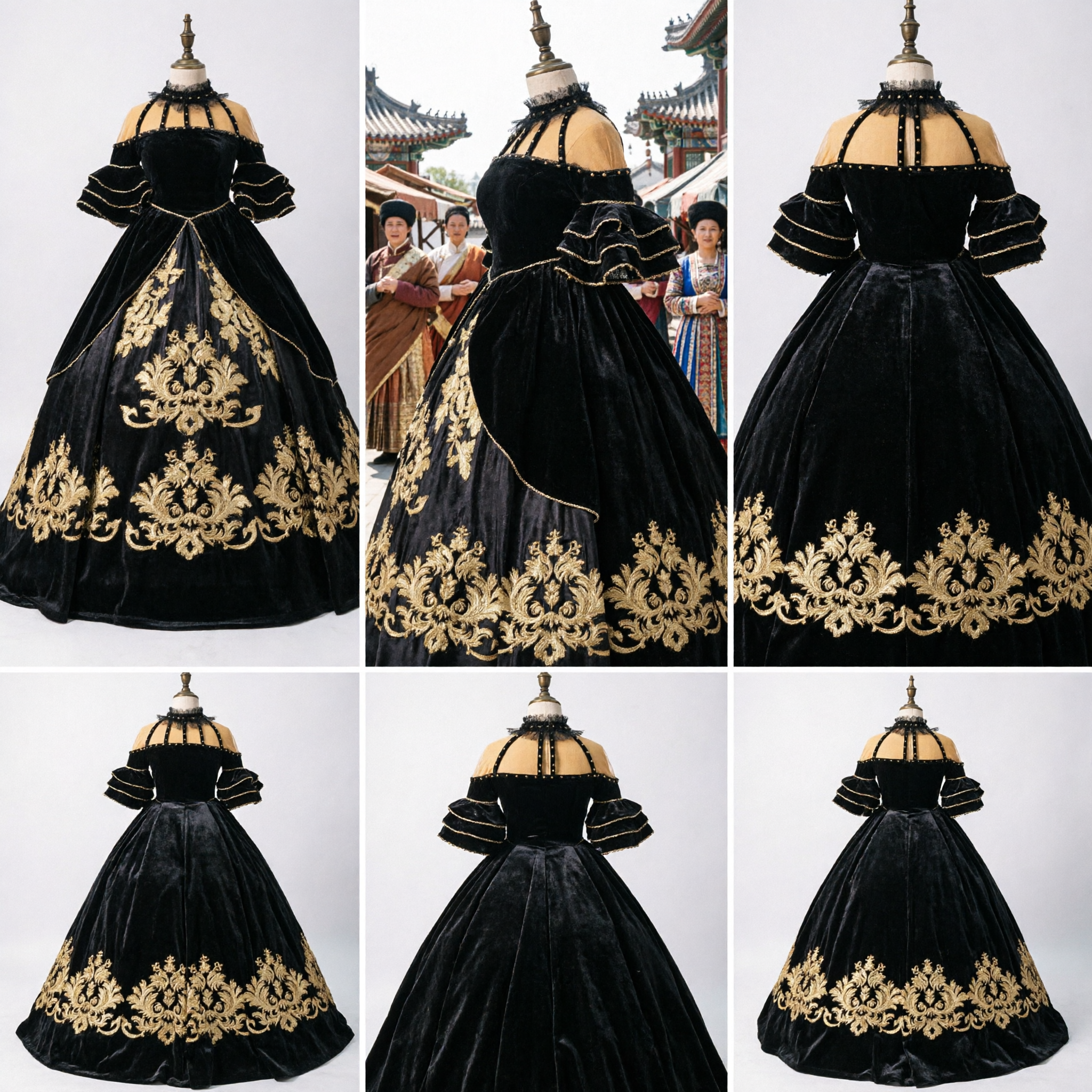 Women's Black Velvet Victorian Gothic Ball Gown Gold Embroidery Off-Shoulder Renaissance Dress for Halloween Cosplay - Asian Costume