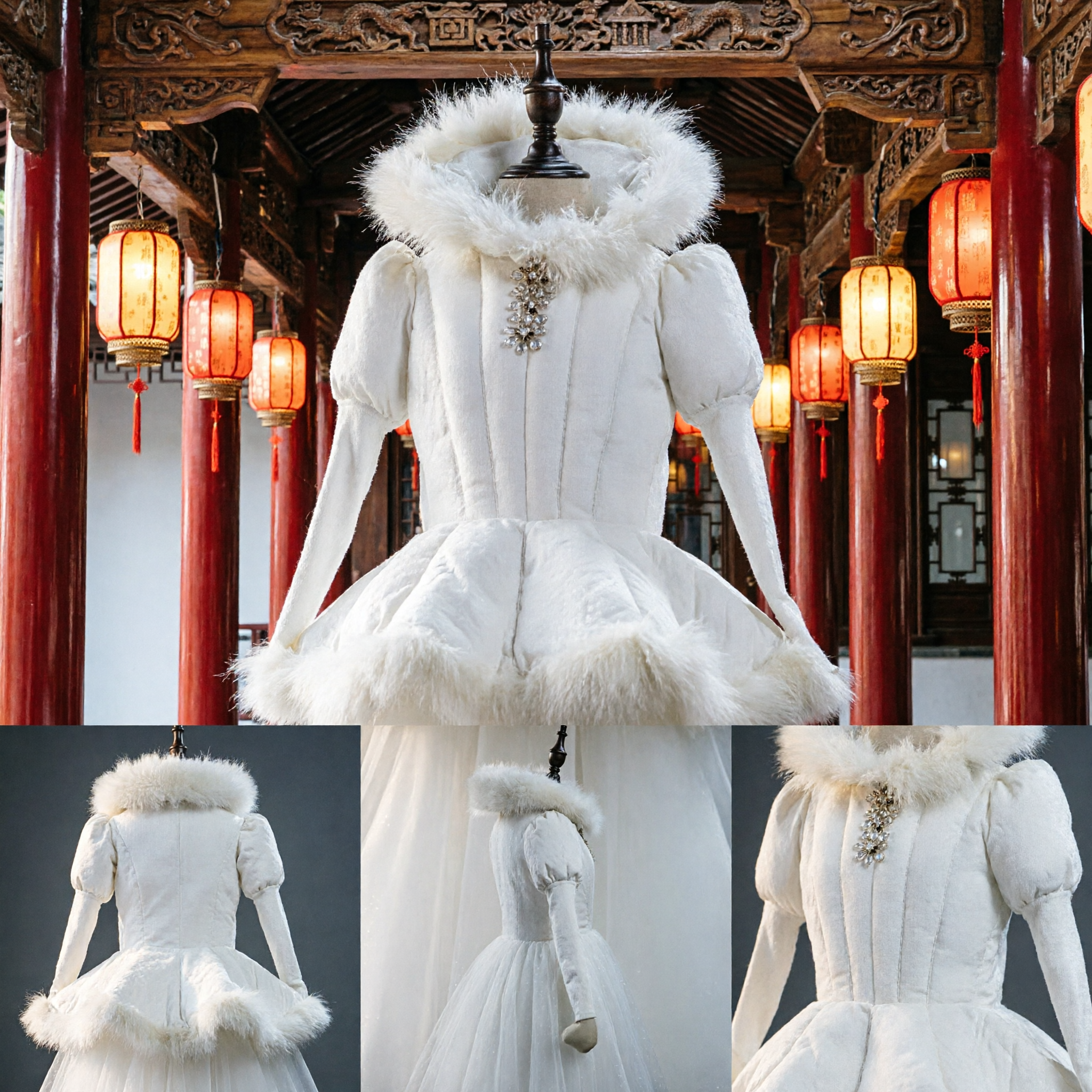 White Snow Queen Costume Victorian Winter Princess Dress with Fur Trim for Cosplay Halloween Stage Performance - Asian Costume