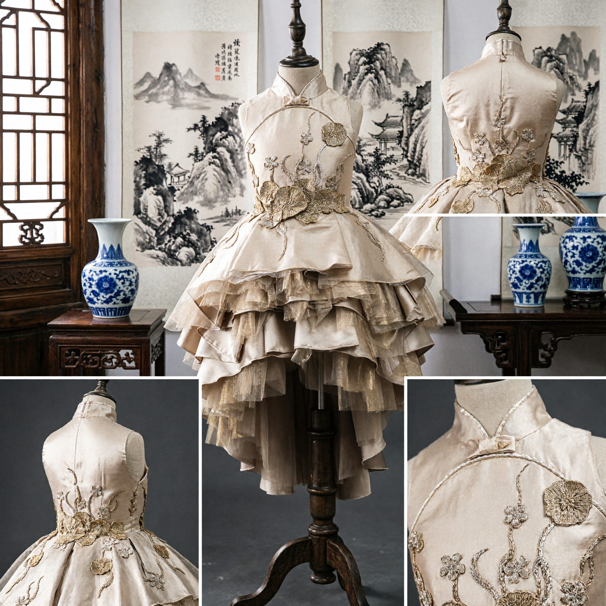 Elegant Gold Chinese Style Qipao Dress with Floral Embroidery and Tiered Ruffle Skirt for Wedding Parties - Asian Costume