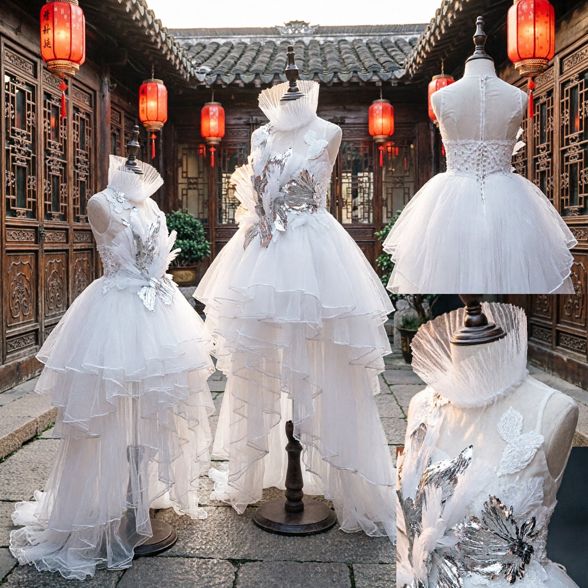 Elegant White Tiered Tulle Stage Costume for Female Singers and Hostesses with Silver Sequin Details - Asian Costume