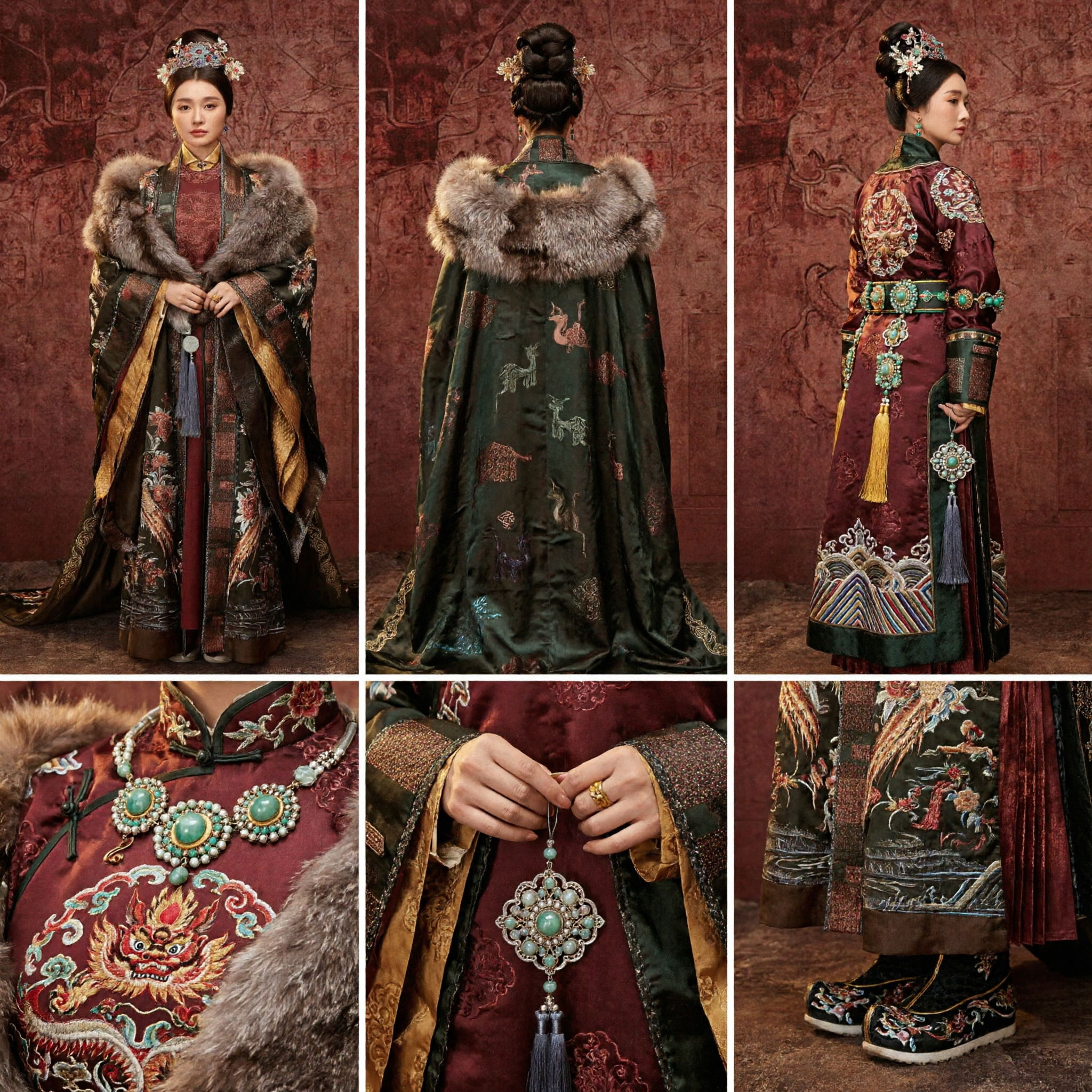 Ancient Chinese Ming Dynasty Empress Costume Winter Fur Trim Embroidered Robe for Women Historical Drama Cosplay - Asian Costume
