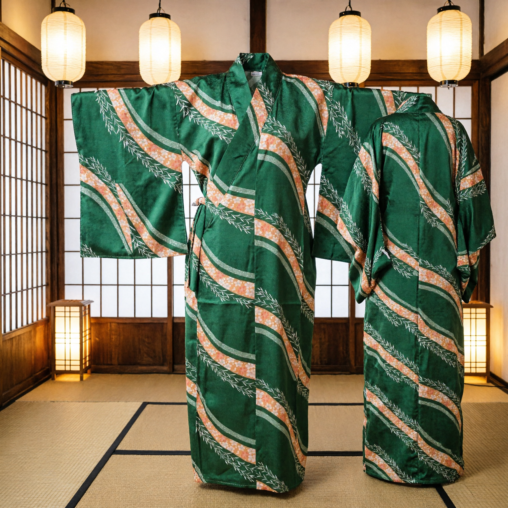 Women's Green Japanese Yukata Kimono Traditional Cotton Robe with Geometric Wave Pattern for Summer Festivals - Asian Costume