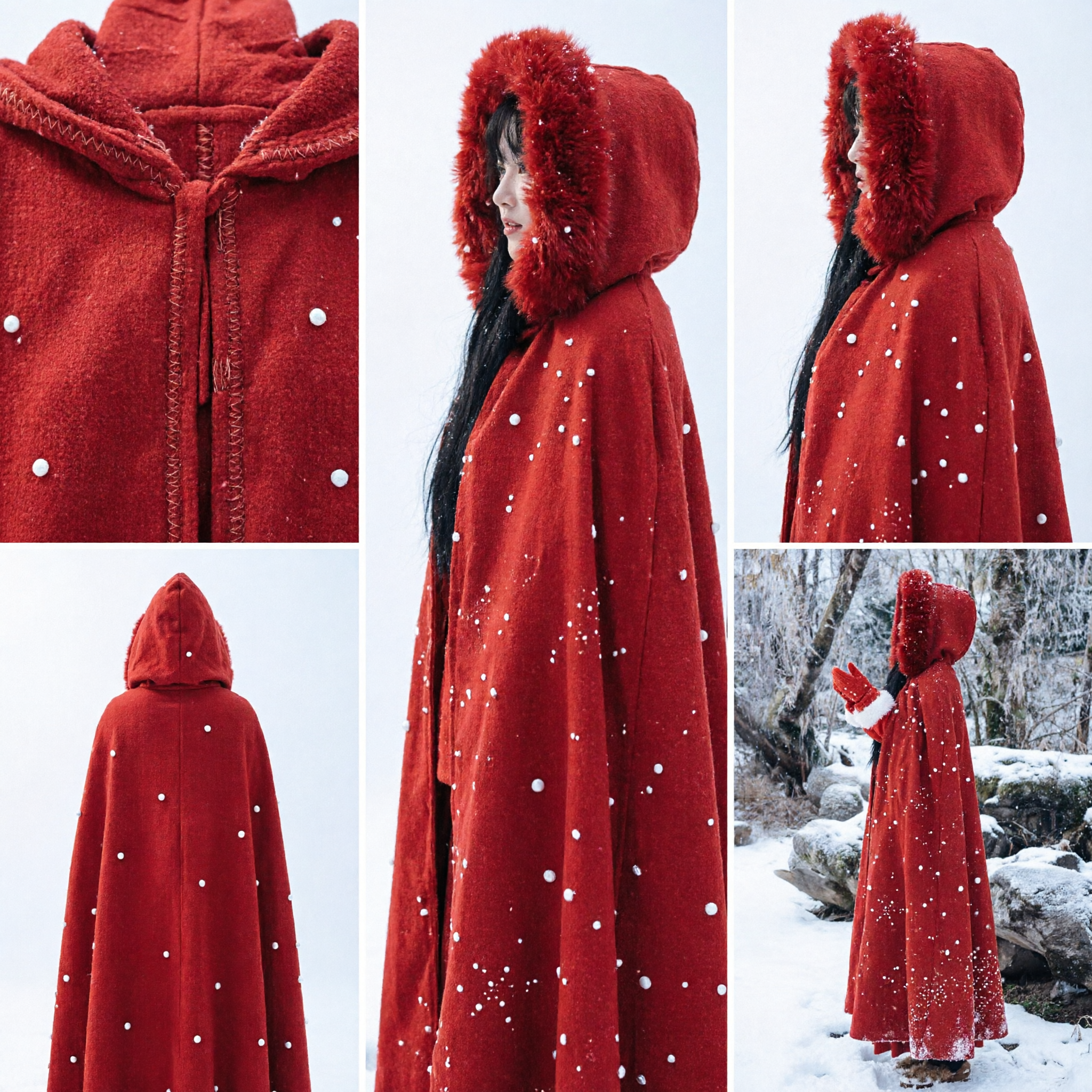 Traditional Chinese Red Hooded Cloak Cape with Fur Trim for Women Hanfu Winter Cosplay Photography - Asian Costume