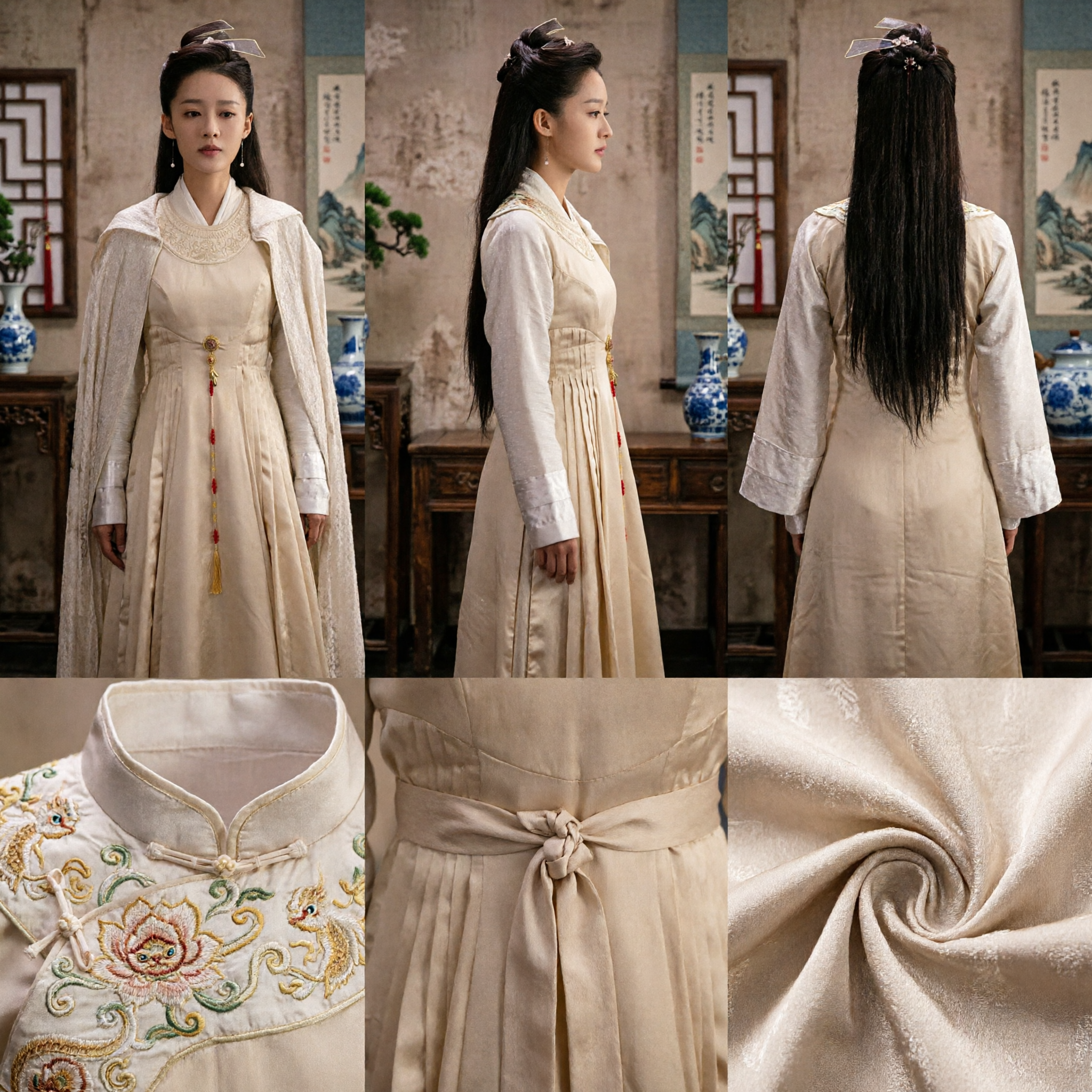 Costume Hanfu chinois traditionnel crème pour femmes Robe de princesse ancienne Tenue de cosplay de drame historique avec cape - Asian Costume