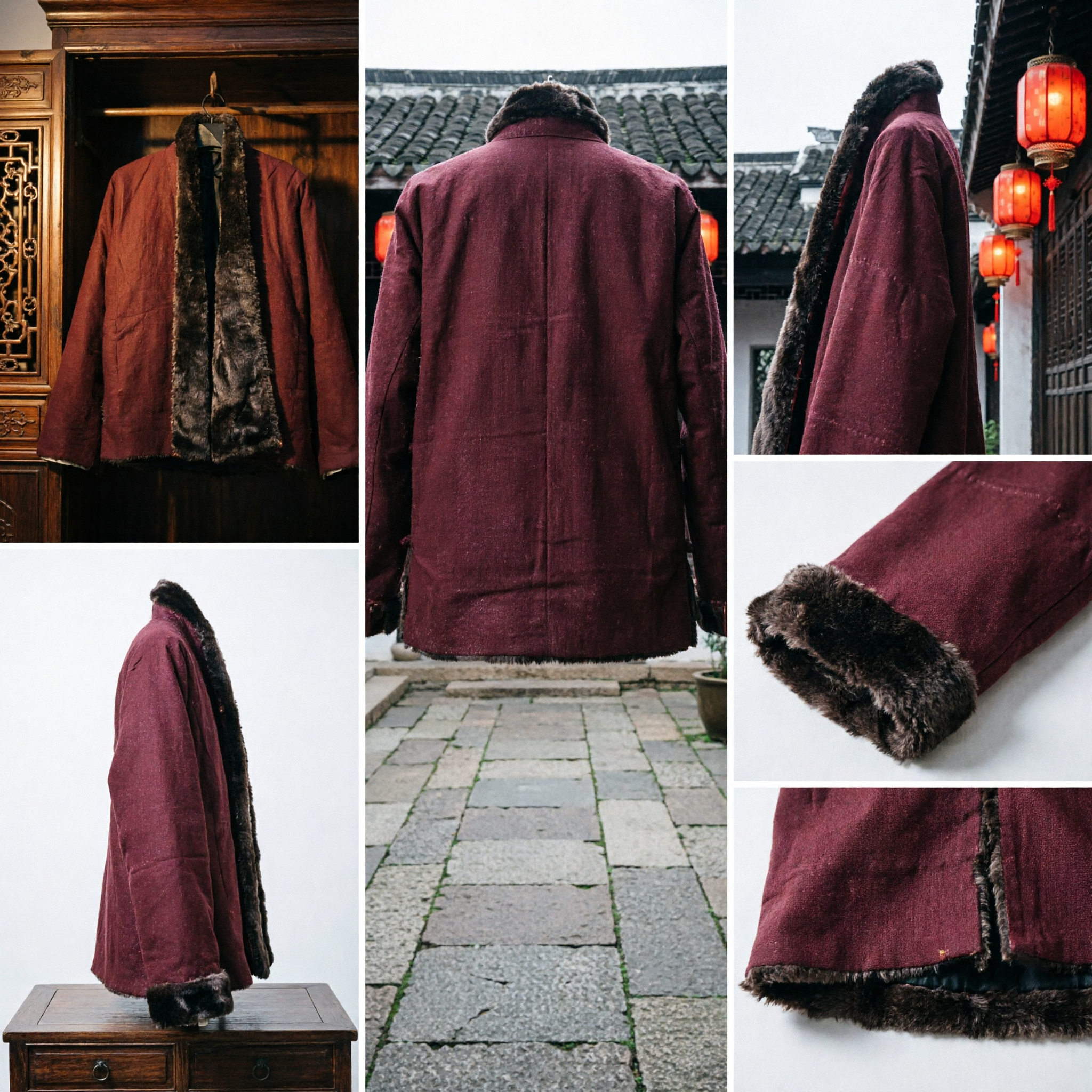 Traditional Chinese Burgundy Cotton Padded Jacket with Fur Collar Winter Hanfu Coat for Men and Women - Asian Costume