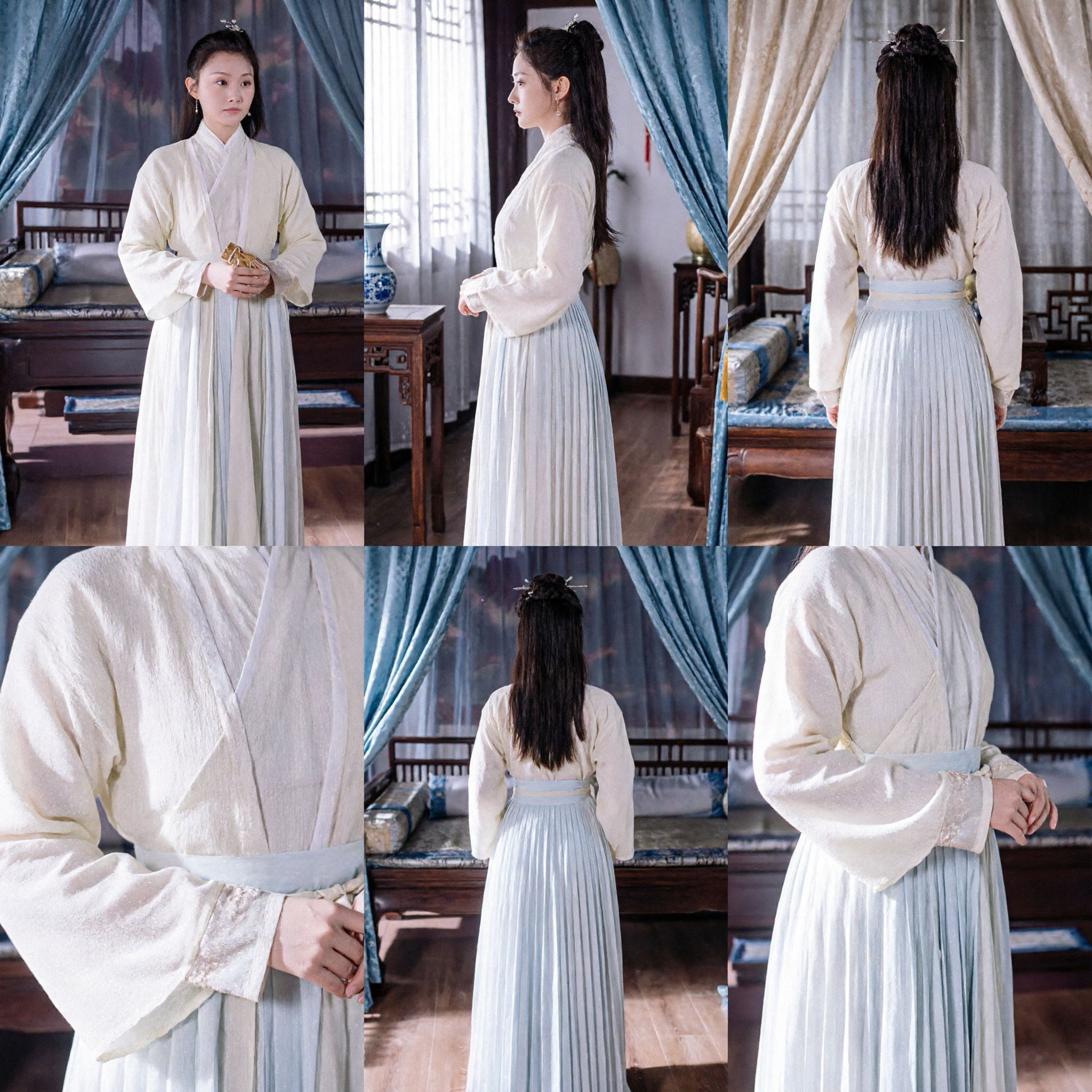 Ancient Chinese Hanfu Traditional White Cross-Collar Top and Pleated Skirt Set Historical Costume for Women - Asian Costume