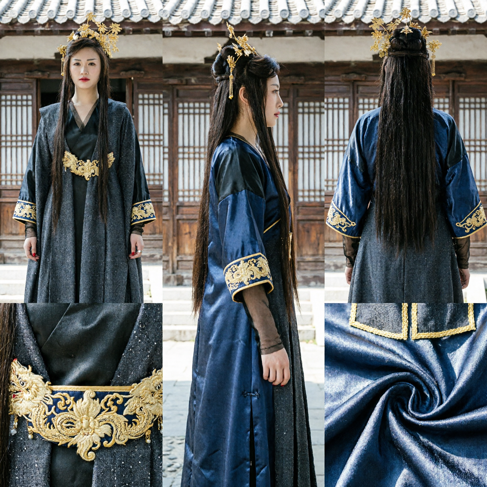 Ancient Chinese Empress Costume Dark Grey Cloak Robe Traditional Hanfu with Gold Belt for Women Cosplay - Asian Costume