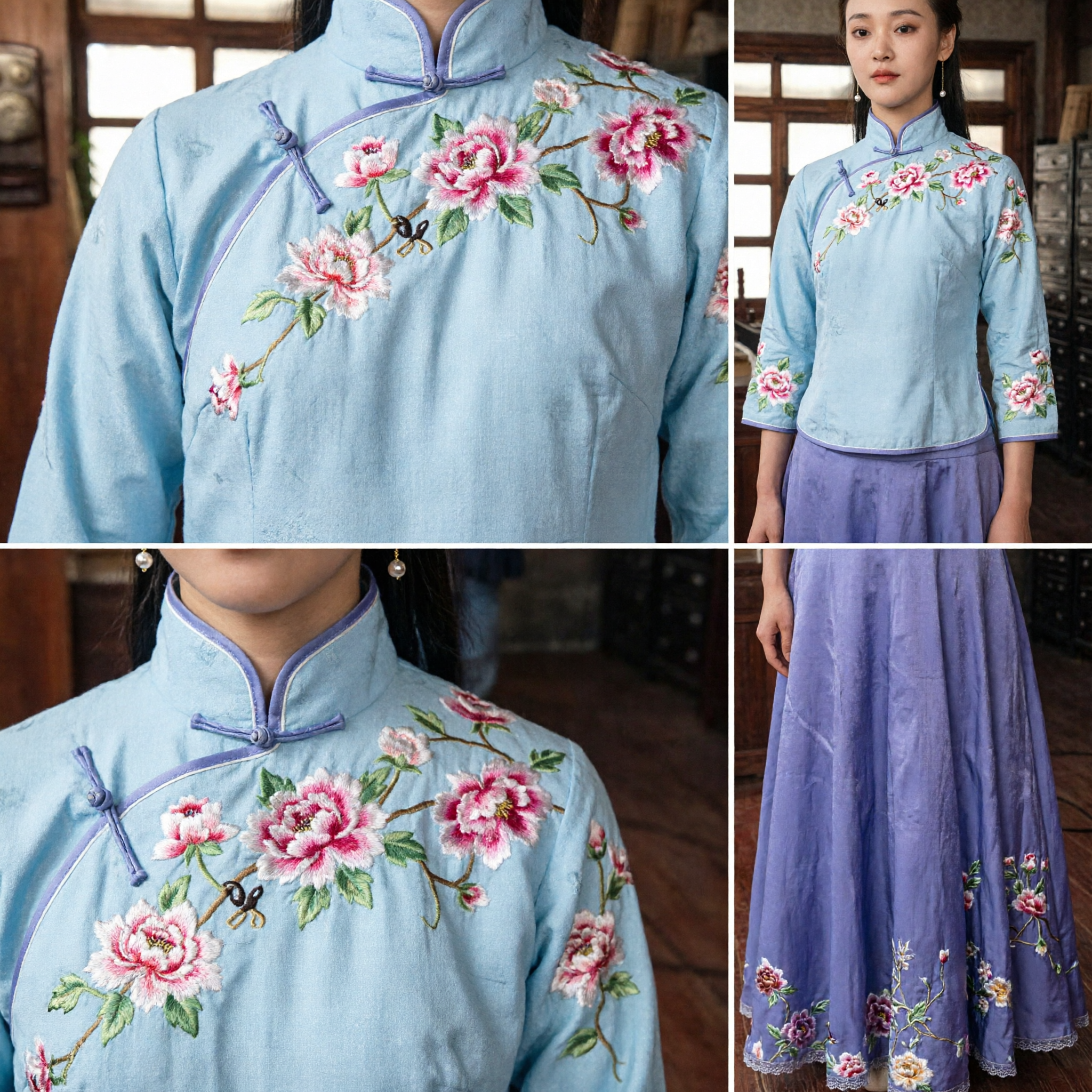 Women's Republican Era Minguo Student Costume Blue Embroidered Blouse and Long Skirt Traditional Chinese Clothing Set - Asian Costume