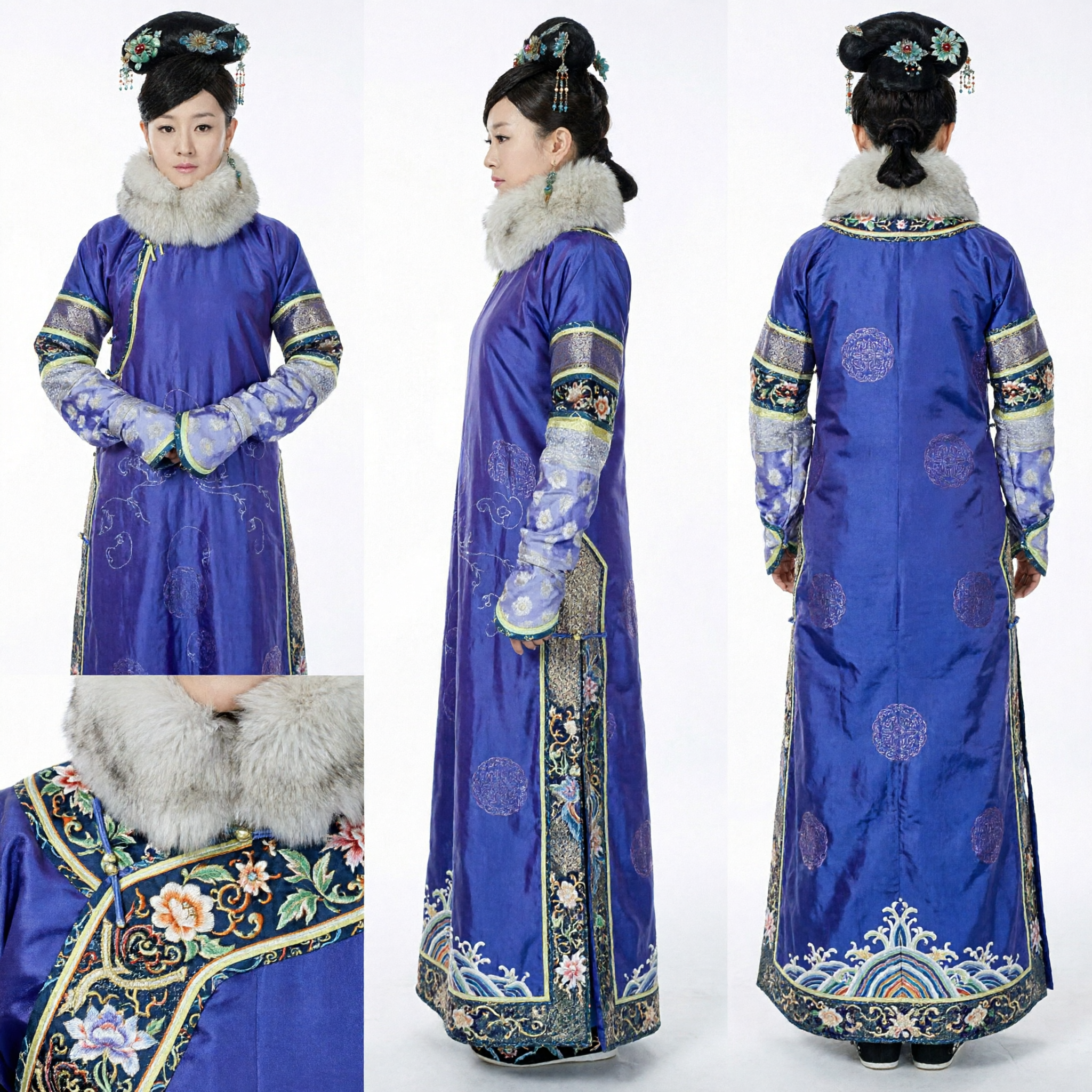Traditional Chinese Qing Dynasty Princess Costume Purple Silk Embroidered Robe with Fur Collar and Headdress for Women Cosplay - Asian Costume