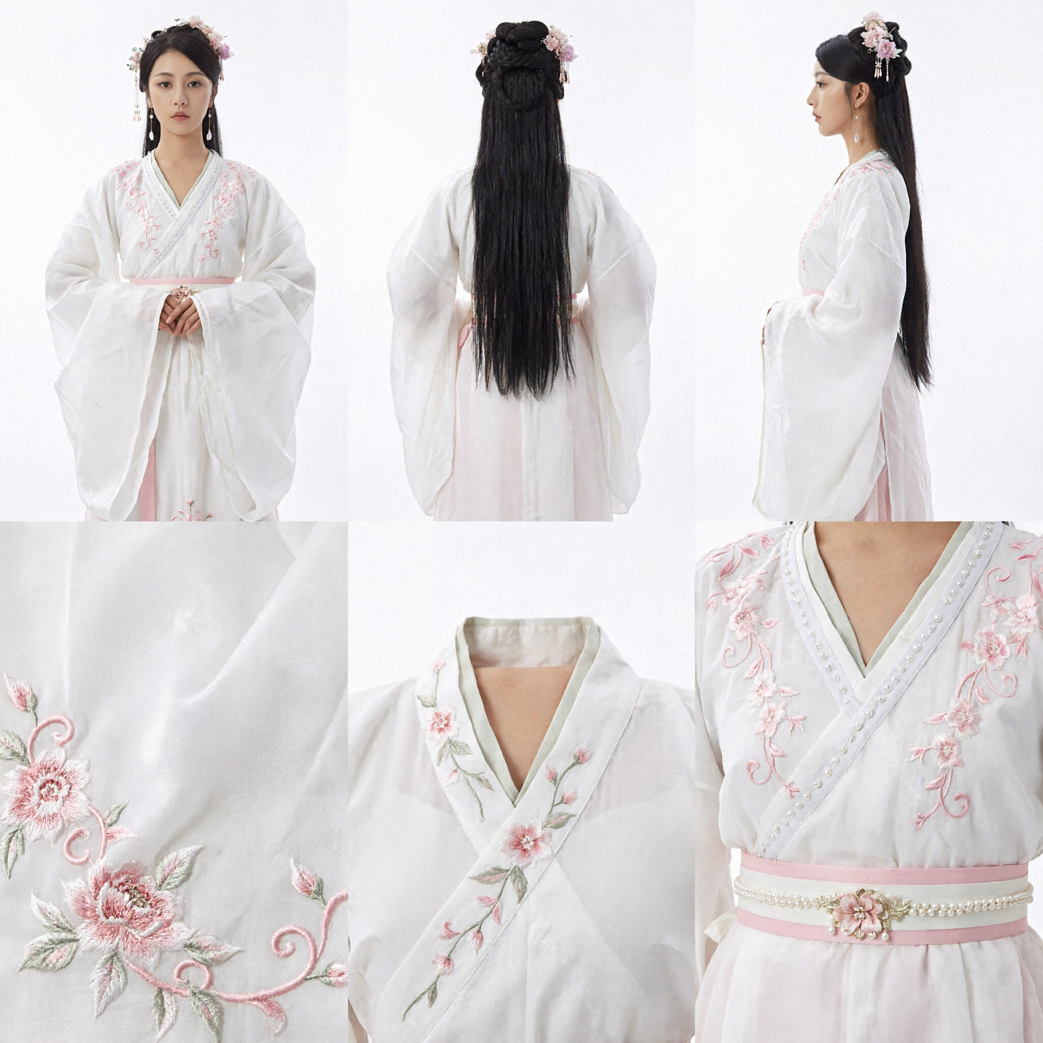Elegant White Chinese Hanfu Traditional Costume with Pink Floral Embroidery Ancient Palace Lady Dress for Women - Asian Costume
