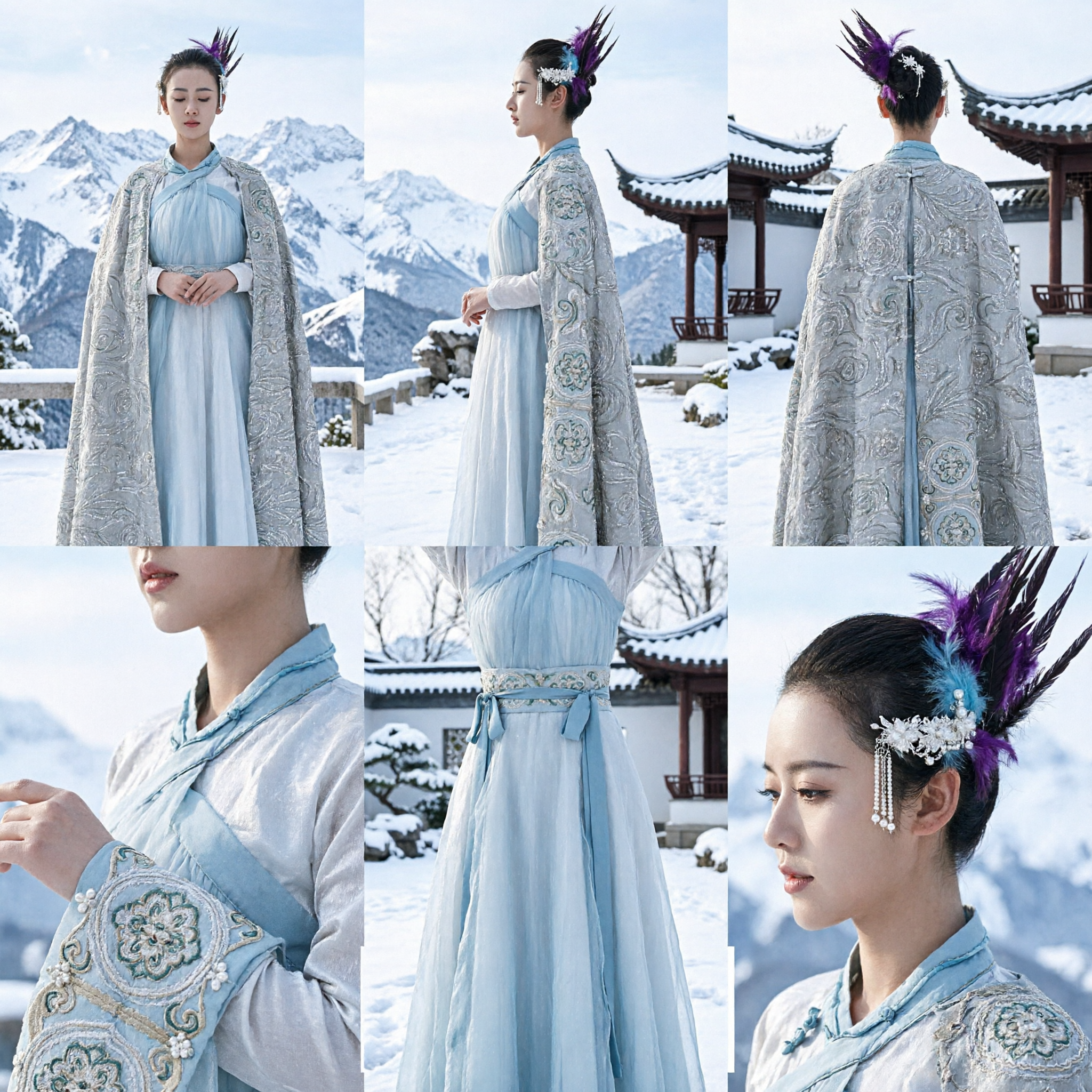 Elegant Ancient Chinese Hanfu Costume Women Blue Fairy Dress with Silver Embroidered Cloak for Cosplay Photography - Asian Costume